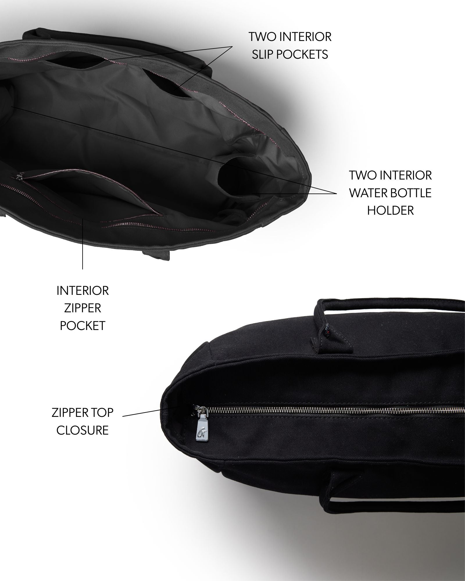 Spacious black athletic canvas tote featuring interior zipper pocket, slip pockets, and water bottle holders.