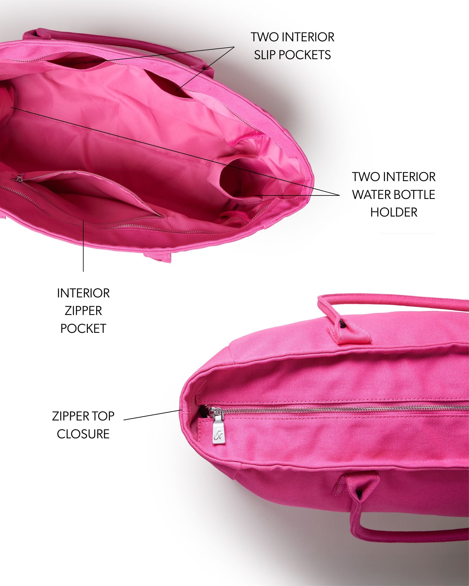 Hot pink athletic canvas tote with zipper closure, interior zipper pocket, and two slip pockets for water bottles.