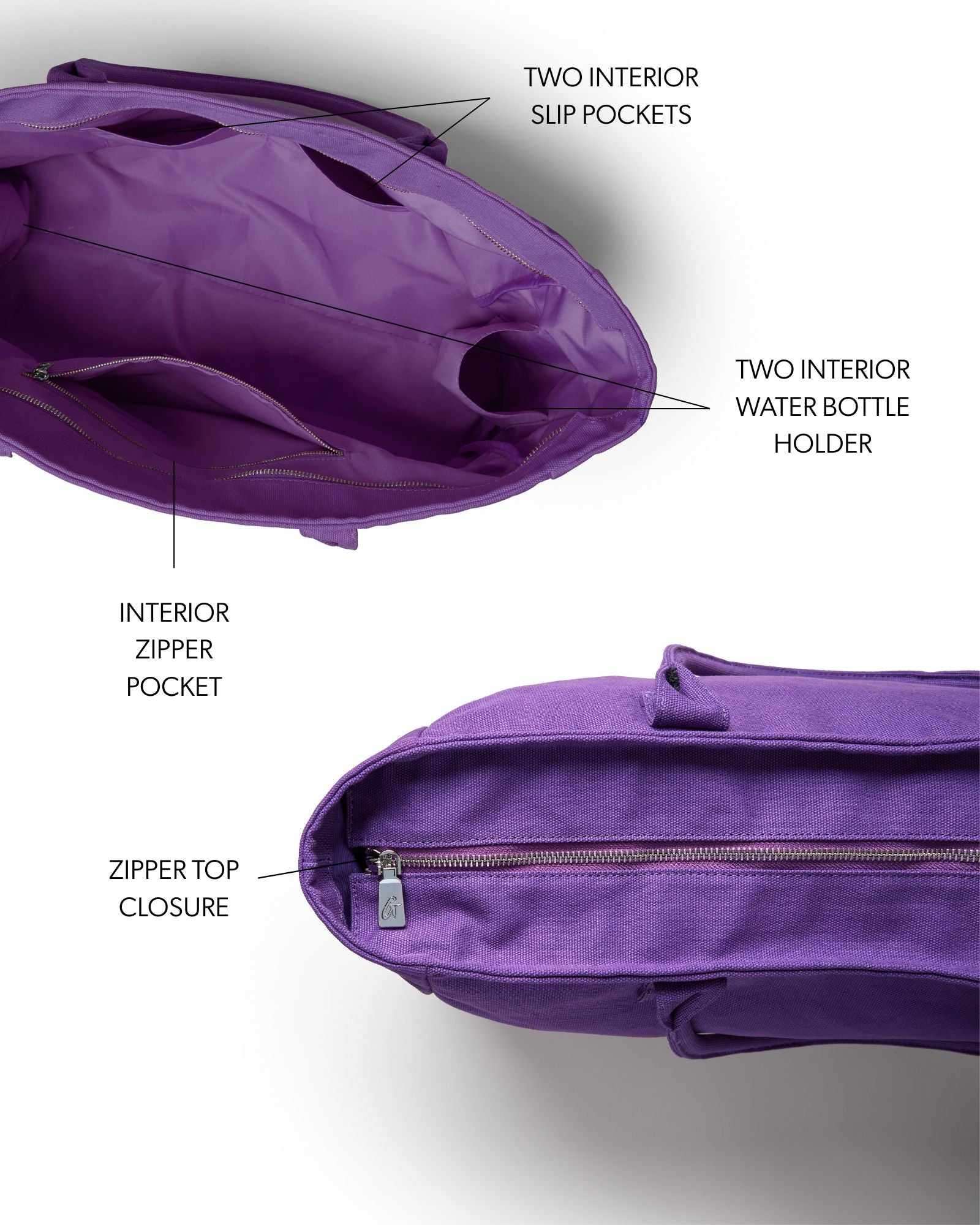 Purple athletic canvas tote featuring a zipper top closure, interior zipper pocket, and two slip pockets for organization.