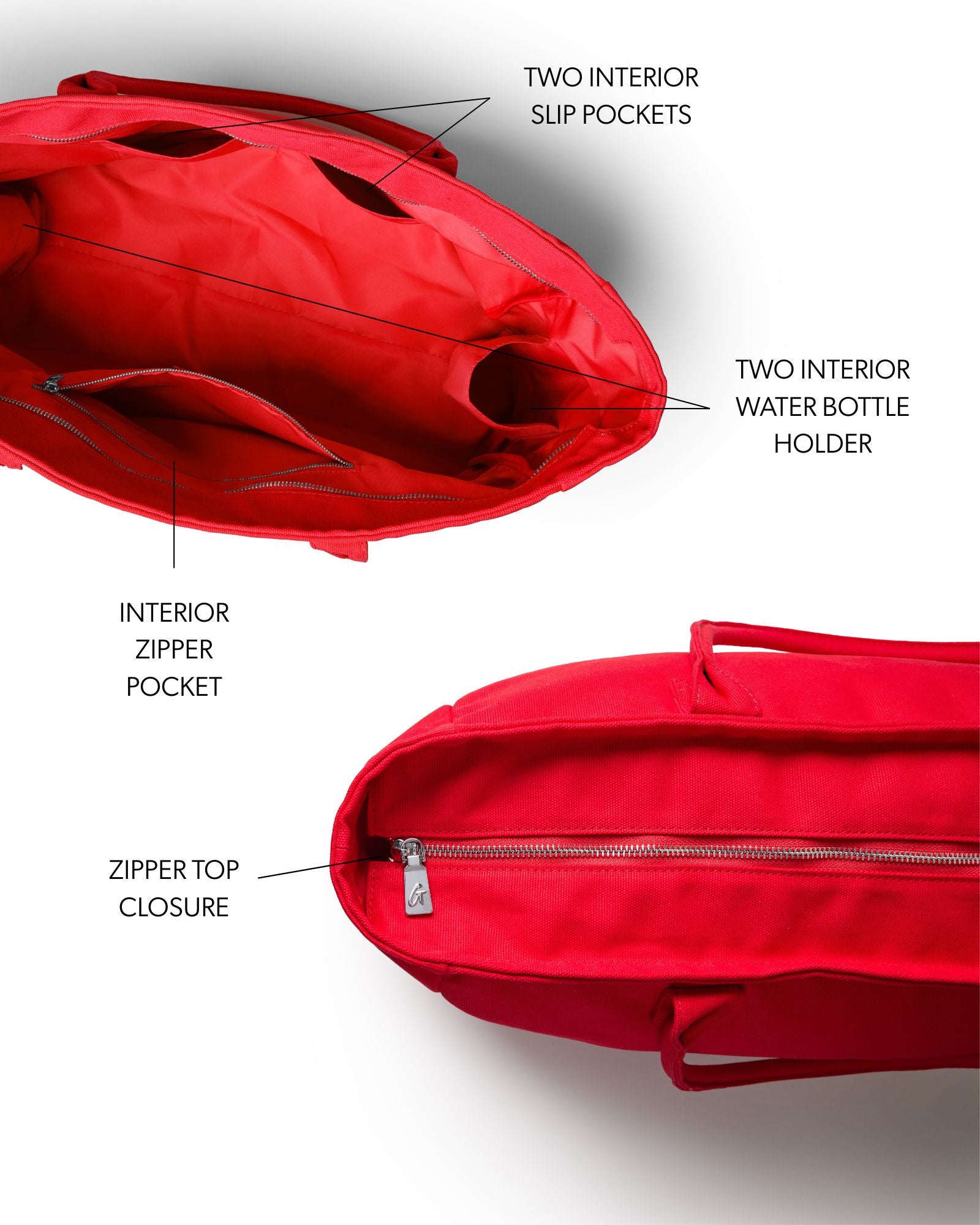 Red athletic canvas tote featuring a zipper top closure, interior zipper pocket, and two slip pockets for organization.