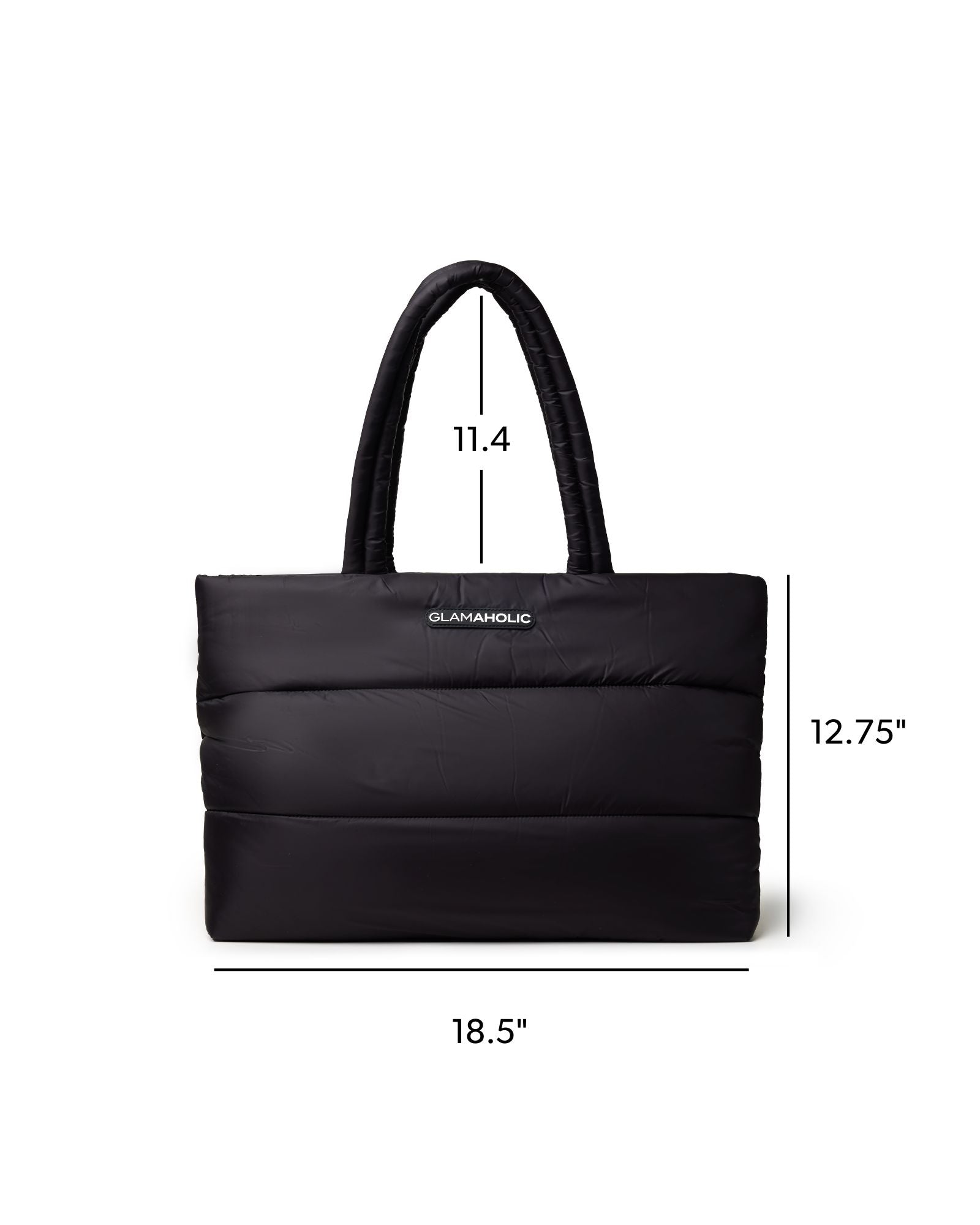 Black athletic nylon tote bag with a padded design, featuring sturdy handles and Glam-Aholic branding.