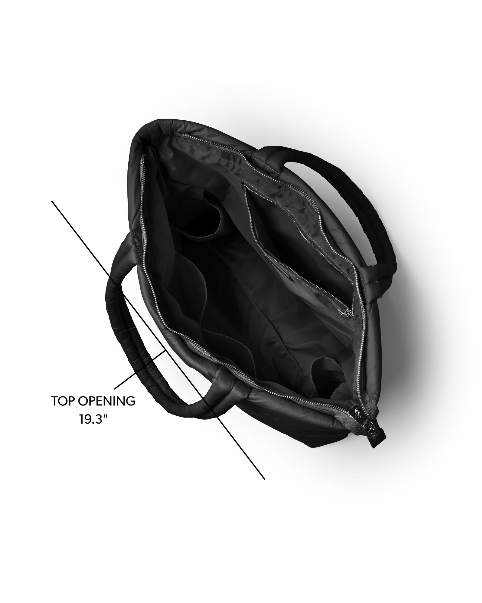 Spacious black athletic nylon tote with a top opening, featuring interior pockets for organization and easy access.