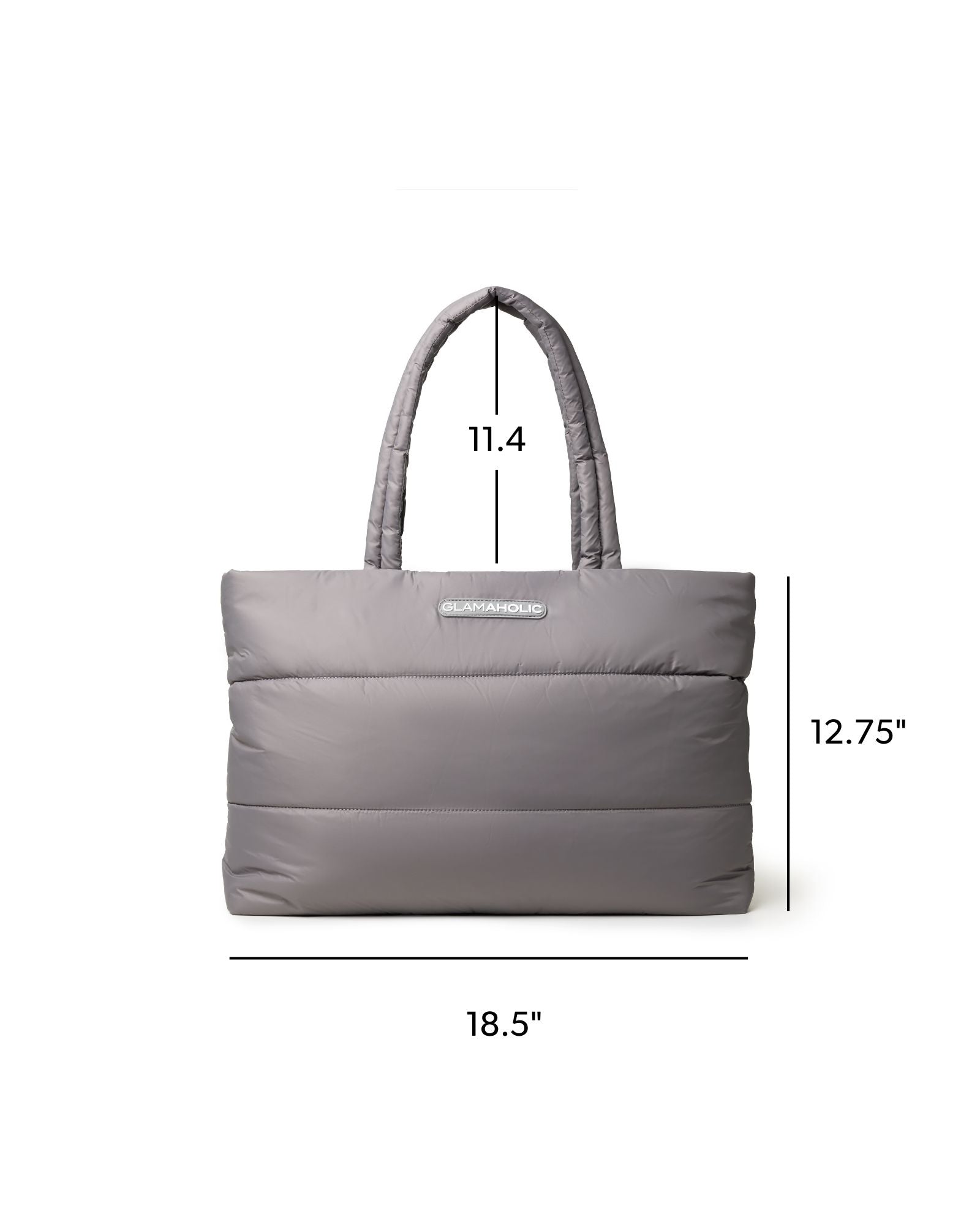 Gray athletic nylon tote bag with padded design, featuring dual handles and dimensions of 18.5 x 12.75 x 11.4 inches.