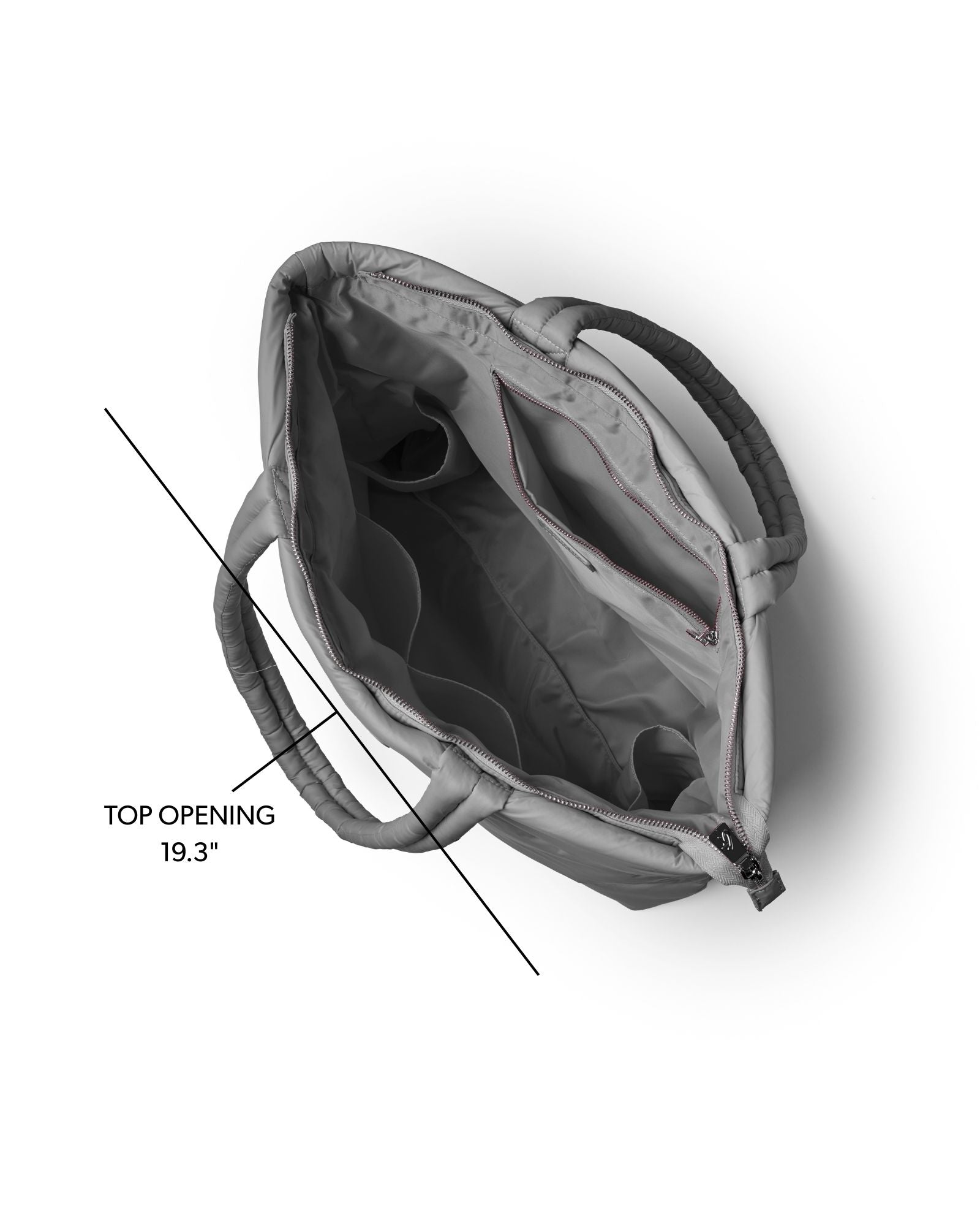 Gray athletic nylon tote with a spacious interior, featuring a top opening and multiple pockets for organization.