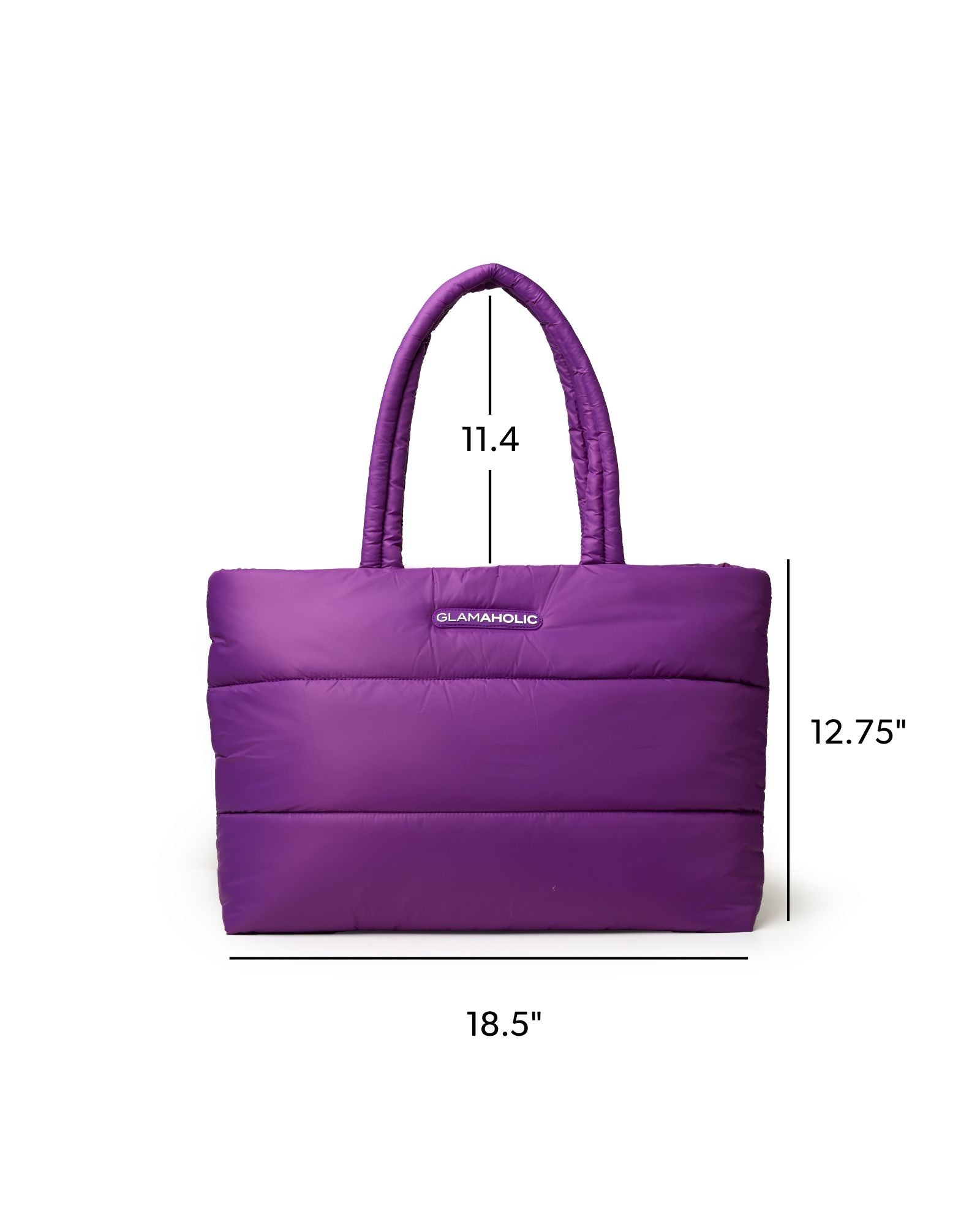 Purple athletic nylon tote bag with padded design, featuring dual handles and Glam-Aholic logo. Dimensions: 18.5 x 12.75 x 11.4 inches.