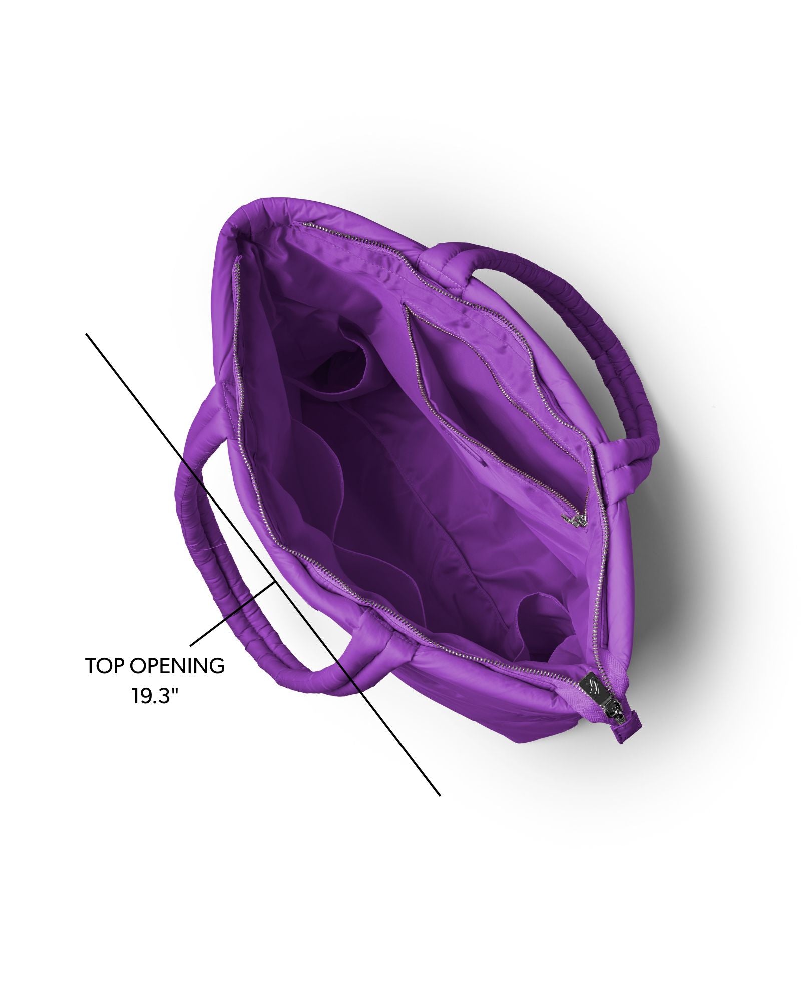 Spacious purple athletic nylon tote with a top opening, featuring interior pockets for organization.