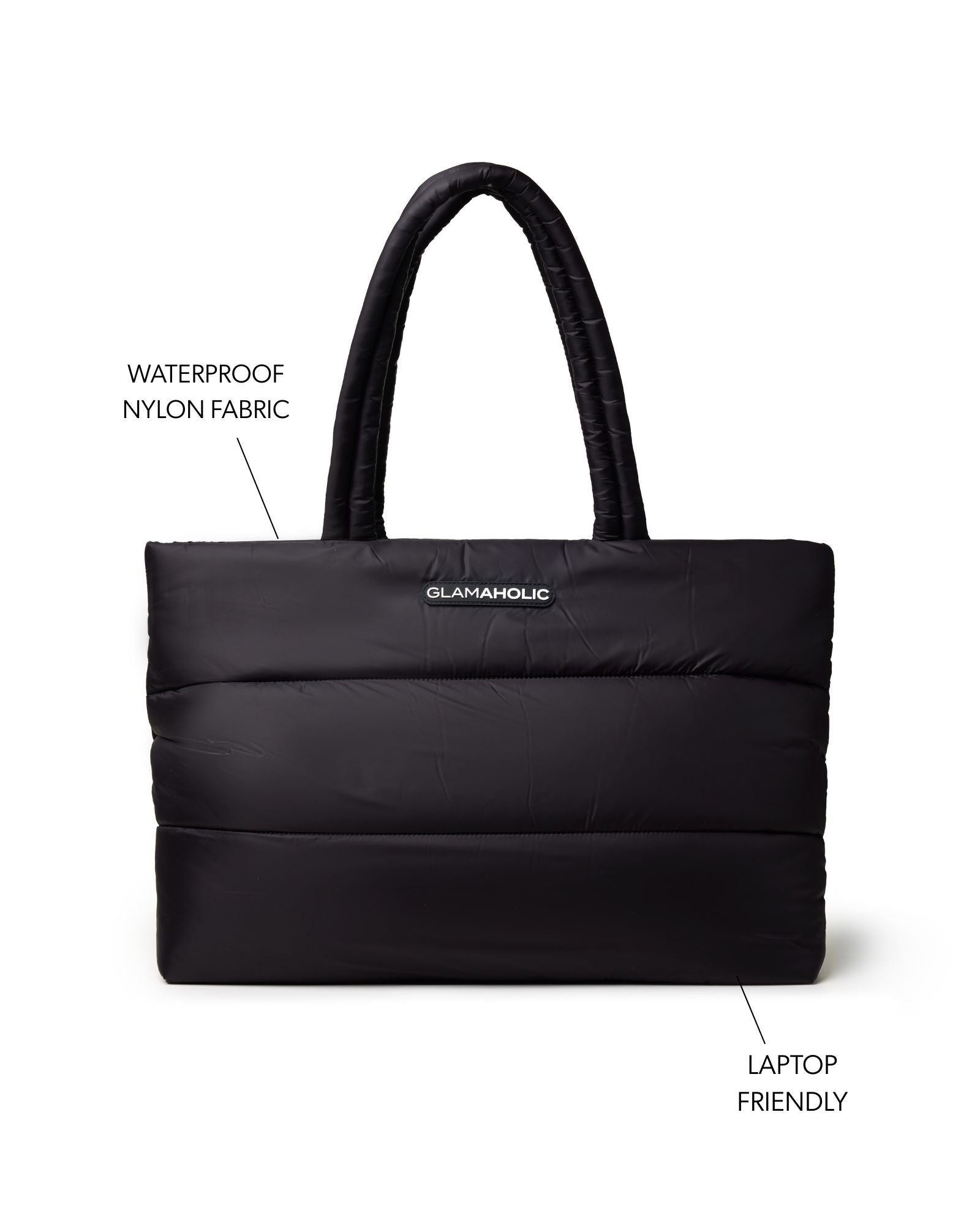 Black athletic nylon tote bag featuring waterproof fabric and a spacious design, ideal for laptops and daily use.