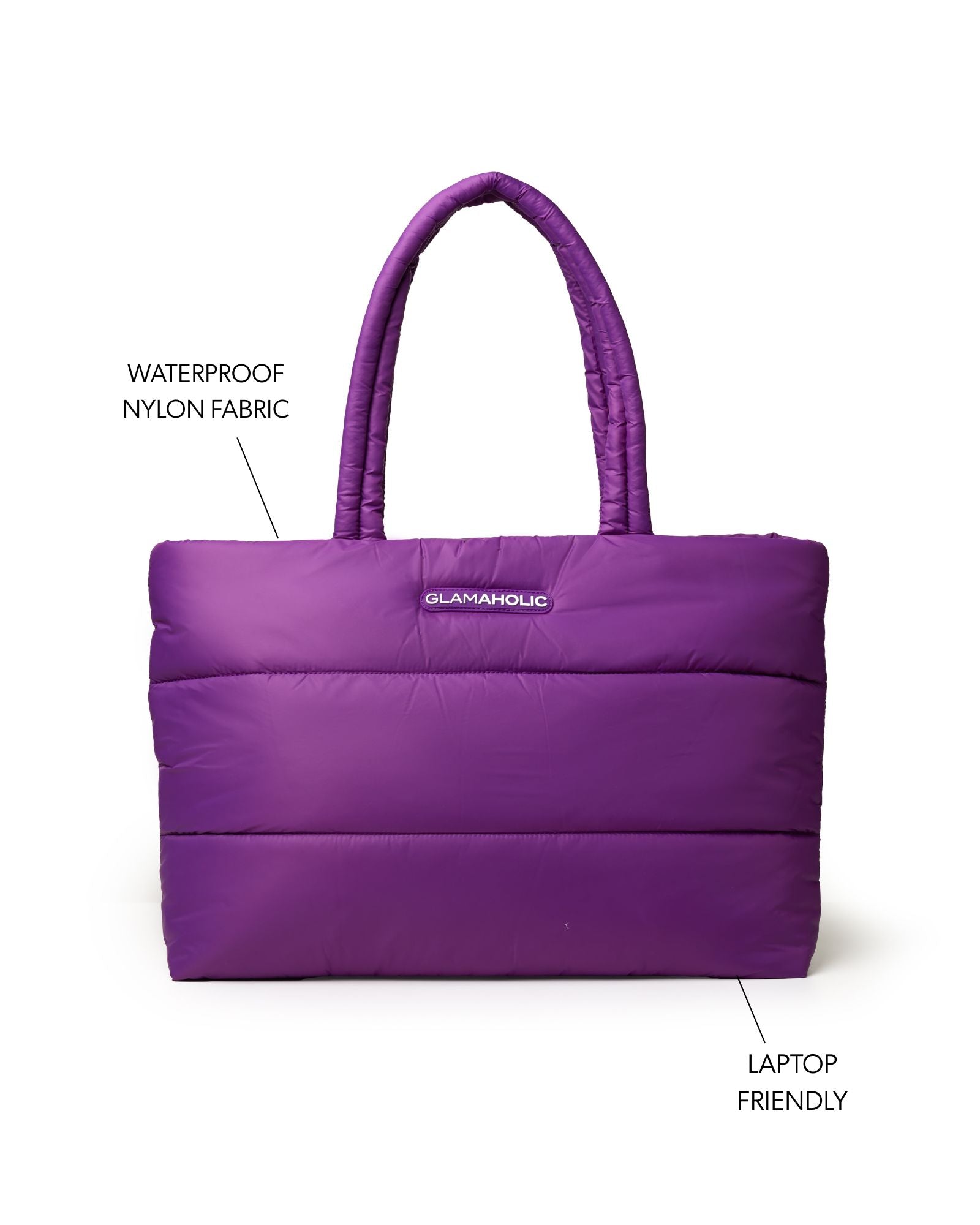 Purple athletic nylon tote bag with waterproof fabric and laptop-friendly design, ideal for stylish, on-the-go women.