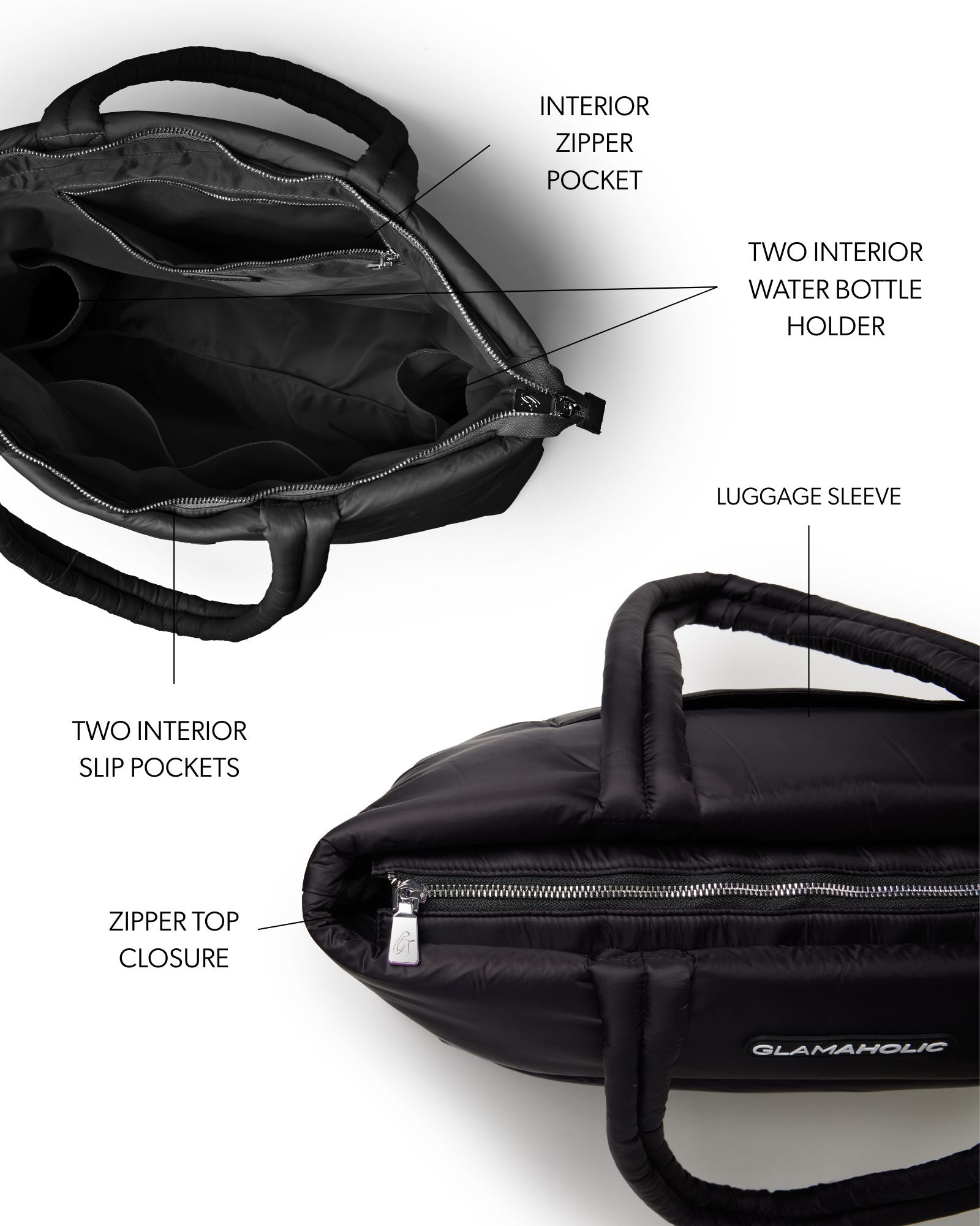 Black athletic nylon tote featuring interior zipper pocket, slip pockets, water bottle holders, and luggage sleeve.