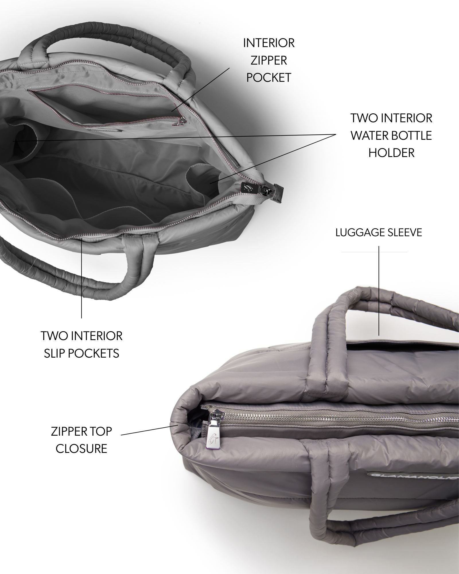 Gray athletic nylon tote featuring a zipper top closure, interior zipper pocket, and two slip pockets for organization.