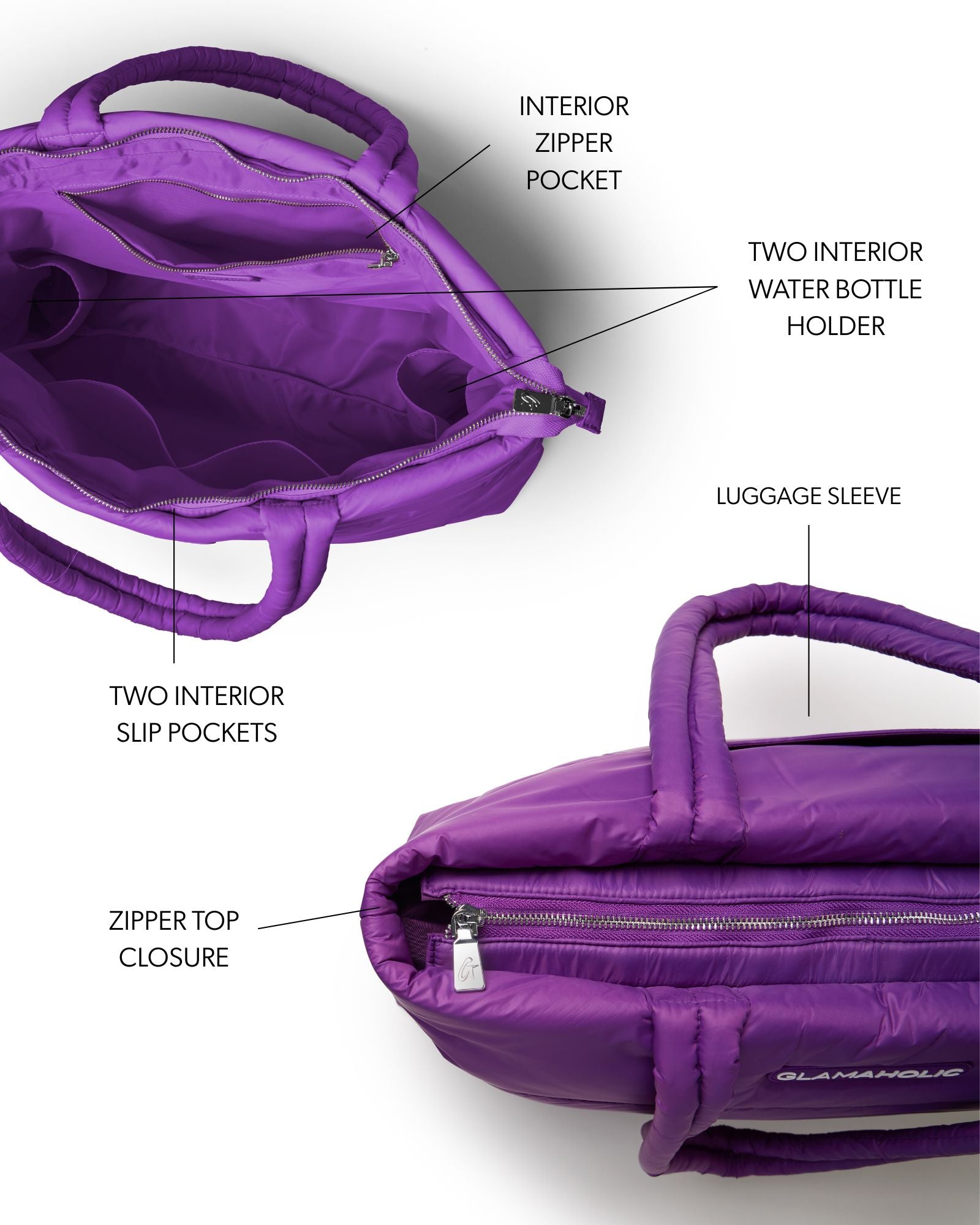 Purple athletic nylon tote featuring a zipper top closure, interior zipper pocket, slip pockets, and two water bottle holders.