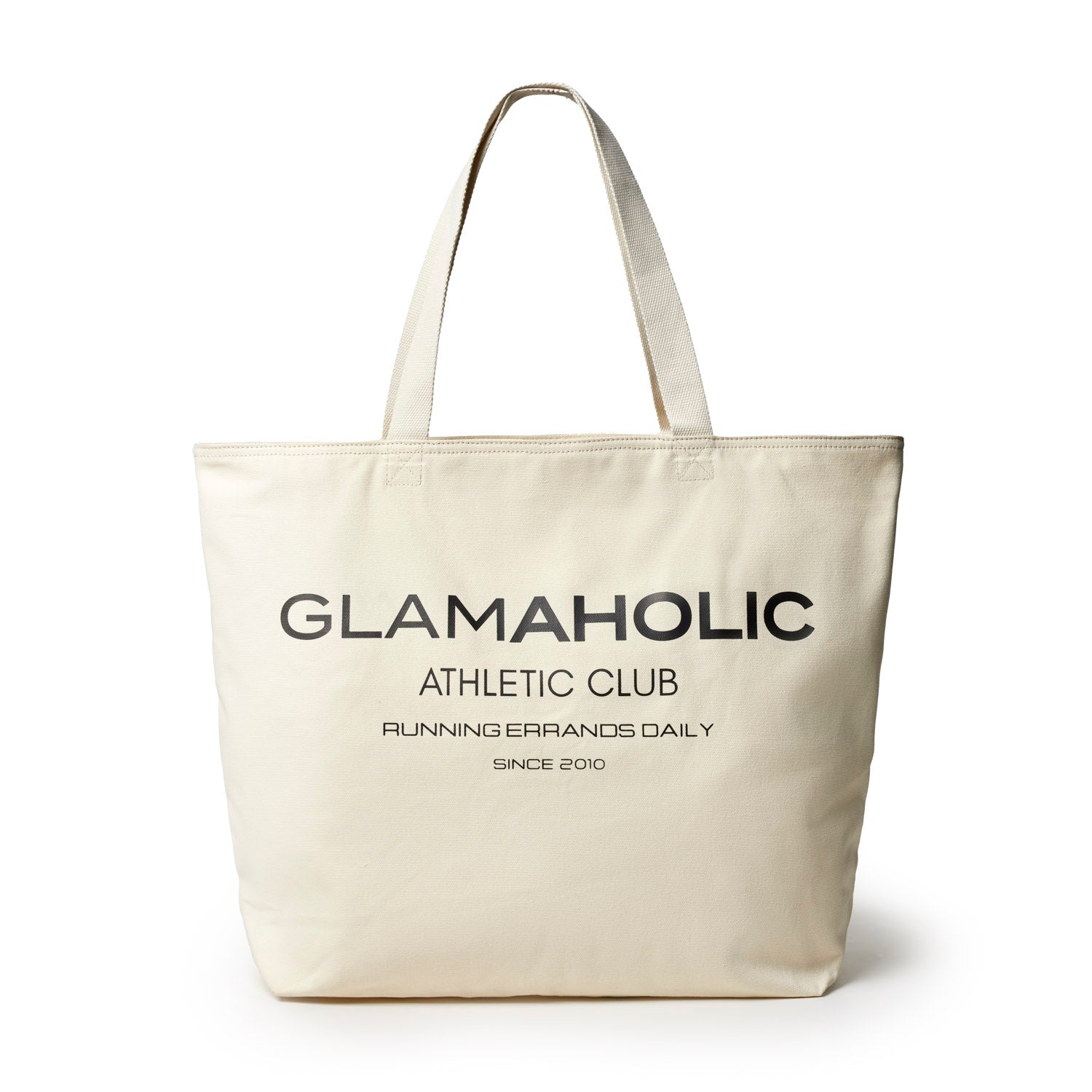 Cream canvas tote bag featuring "Glamaholic Athletic Club" print, perfect for daily errands and stylish outings.