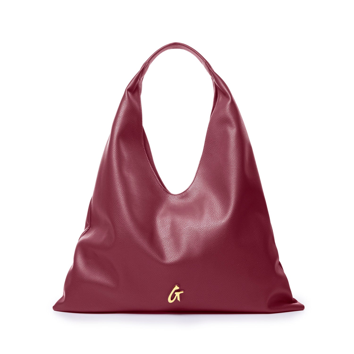 Burgundy pebble hobo shoulder bag with a slouchy design and a gold logo accent, perfect for stylish everyday use.