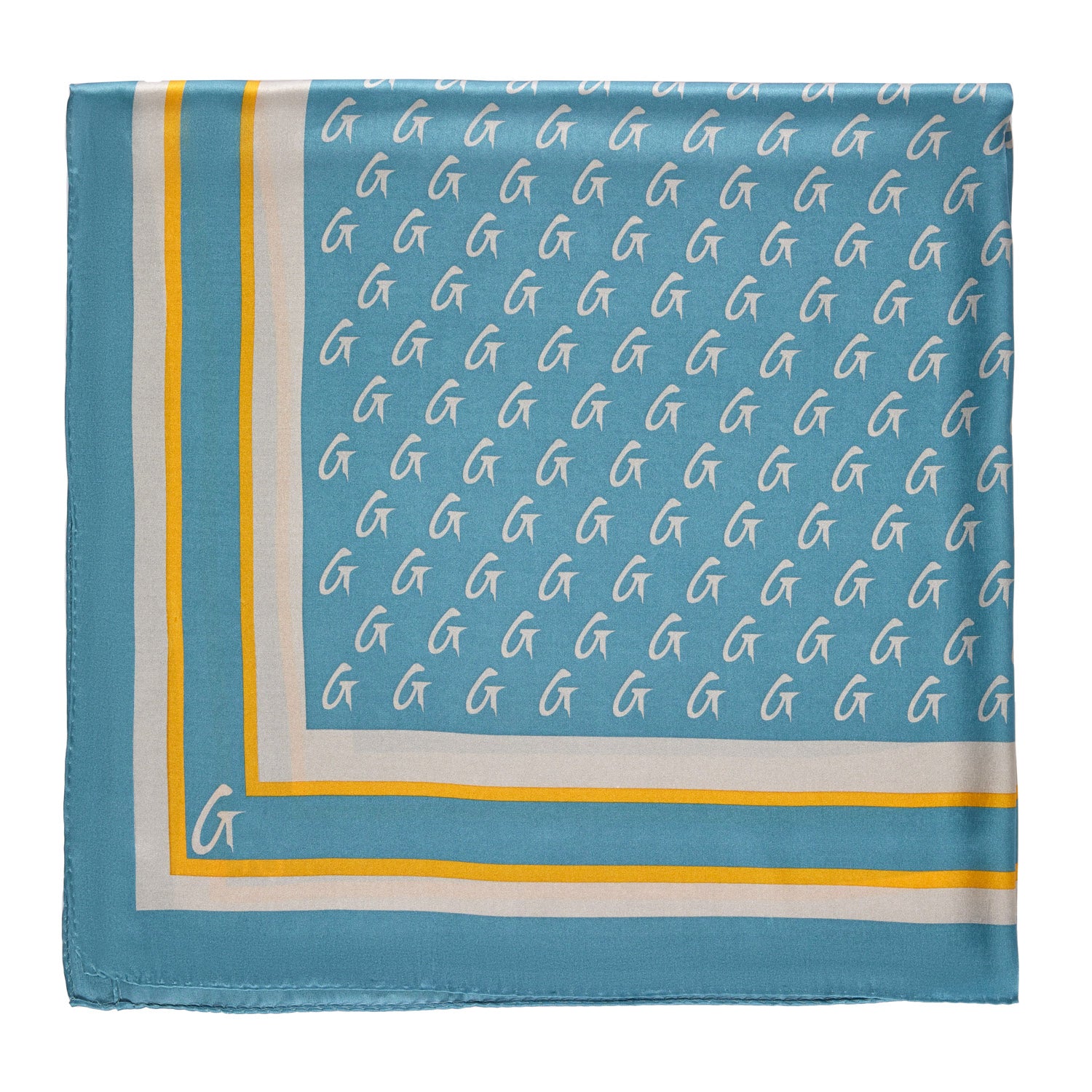 Large blue silk scarf with a gold monogram pattern, featuring a border with yellow and white accents.