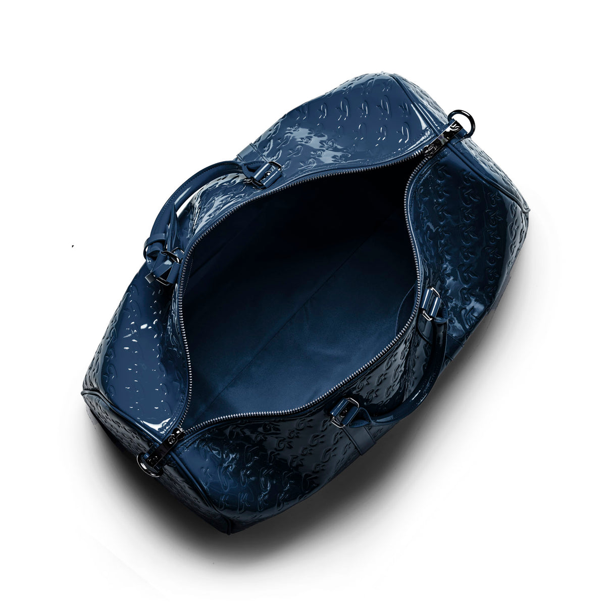 Navy monogram travel bag with a glossy finish and spacious interior, perfect for stylish getaways.