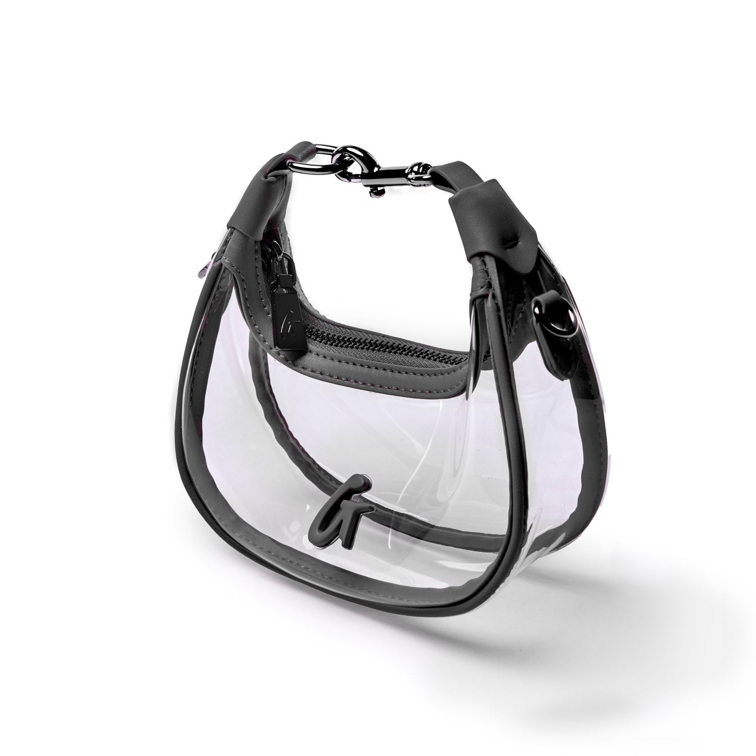 Clear hobo bag in black with a sleek design, featuring a zippered compartment and stylish hardware accents.