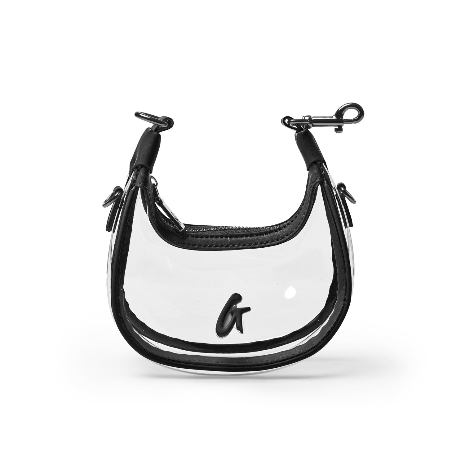 Clear hobo bag in black with a sleek design and logo detail, perfect for stylish, affordable luxury.
