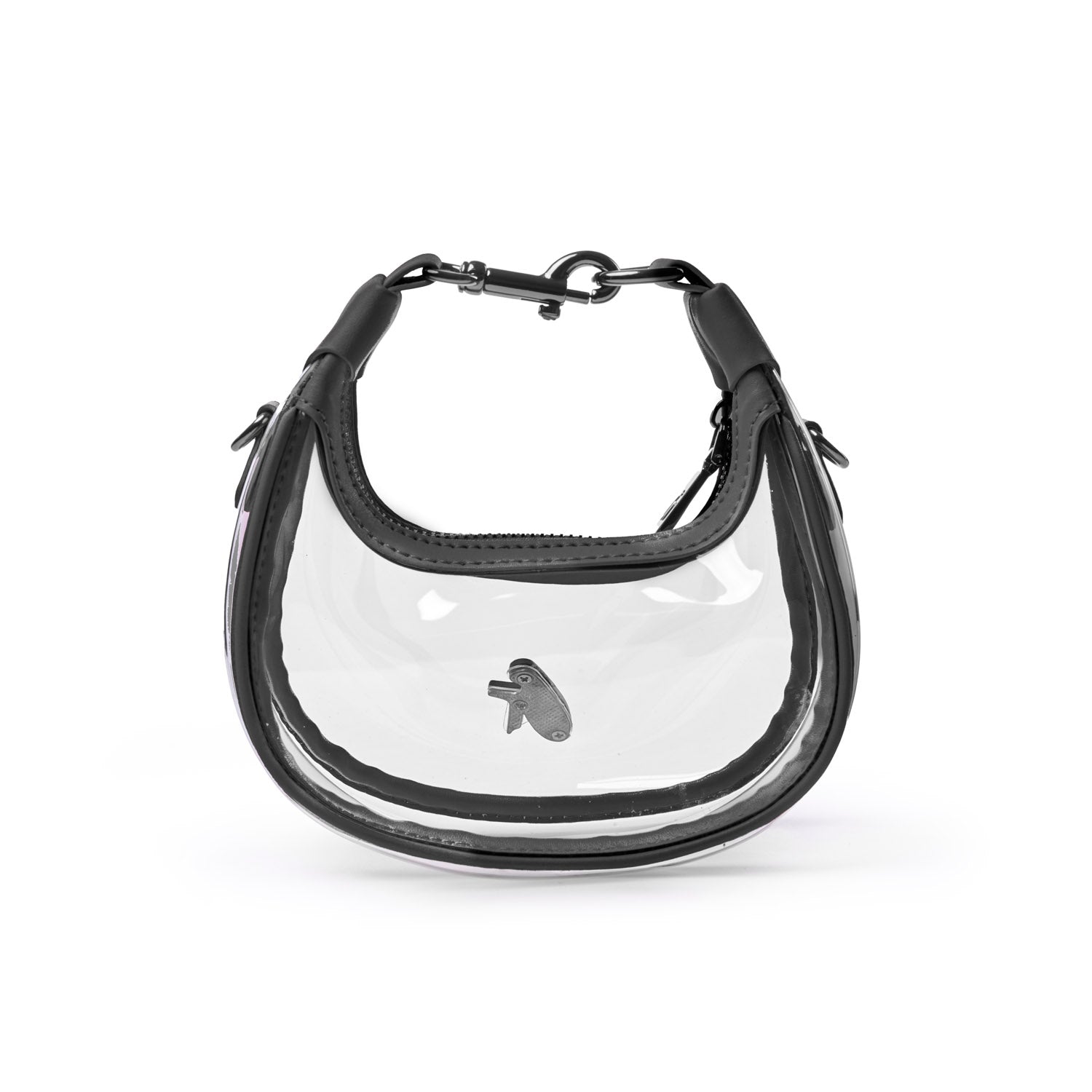 Clear hobo bag in black with a sleek design and a unique interior charm, perfect for stylish everyday use.