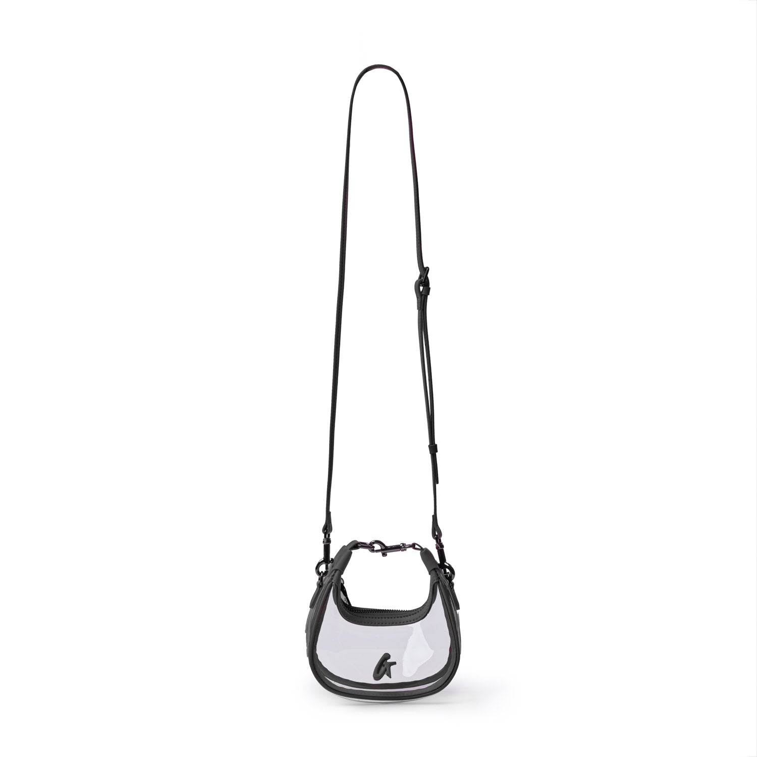 Sleek black hobo bag with a transparent front, featuring an adjustable strap for versatile styling.