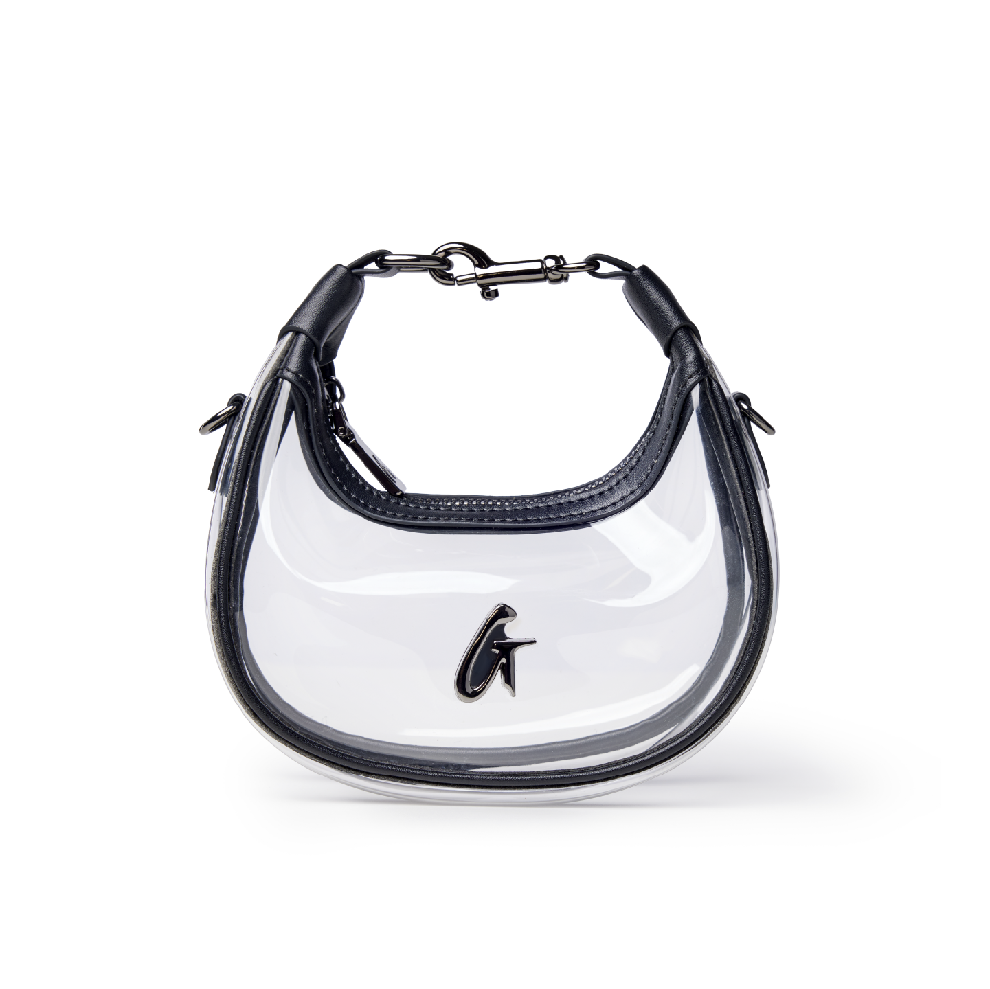 Clear hobo bag in black with a sleek design and logo detail, perfect for stylish, affordable luxury.