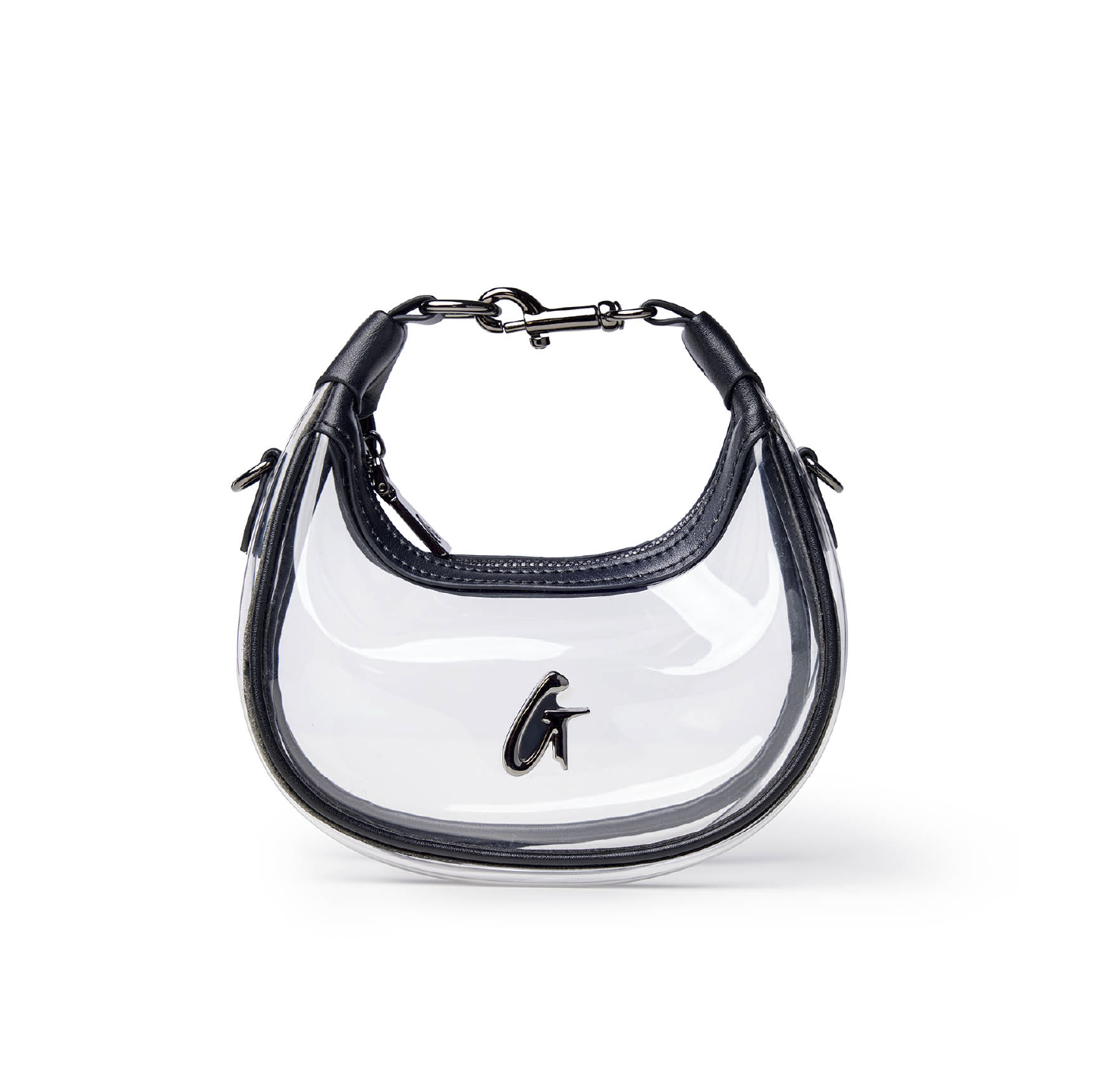 Clear hobo bag with black accents and a stylish design, perfect for adding a touch of luxury to any outfit.