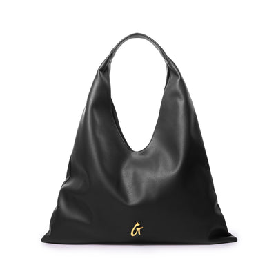 Black pebble hobo shoulder bag with a sleek design and a subtle logo, perfect for stylish, everyday use.