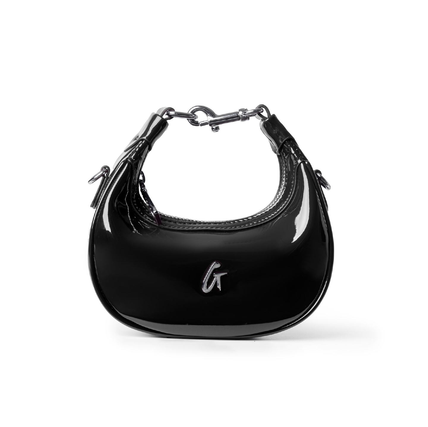 Sleek black hobo bag with a glossy finish and a stylish G logo, perfect for adding luxury to any outfit.