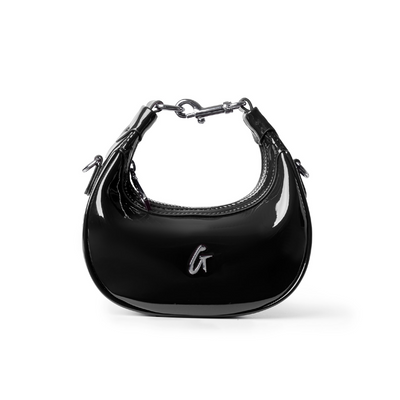 Sleek black hobo bag with a glossy finish and a stylish G logo, perfect for adding luxury to any outfit.