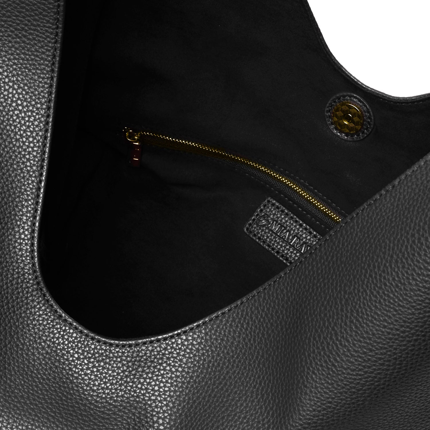 Black pebble hobo shoulder bag with a spacious interior and a zippered pocket for secure storage.