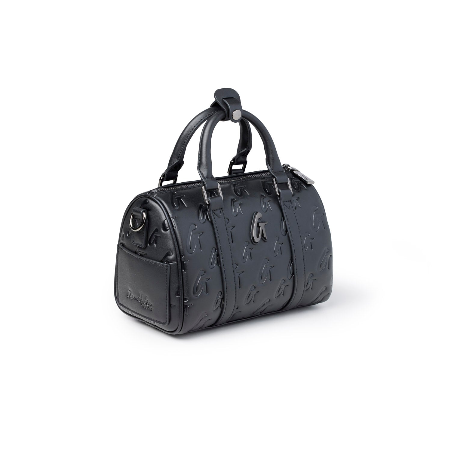 Stylish black mini monogram gal Boston bag featuring embossed logo and dual handles for chic, everyday use.