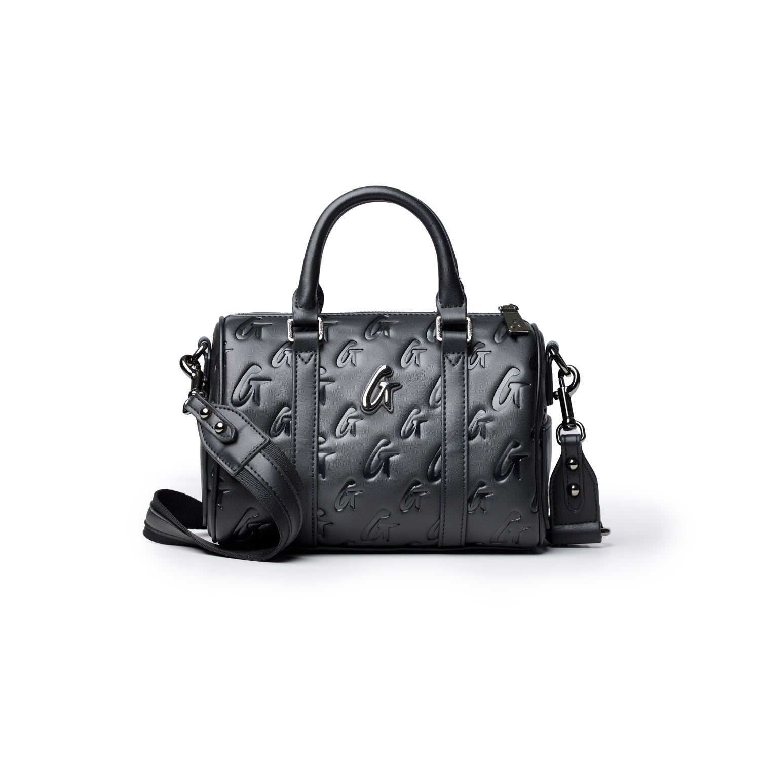 Black mini monogram gal Boston bag featuring embossed logo, dual handles, and adjustable shoulder strap.