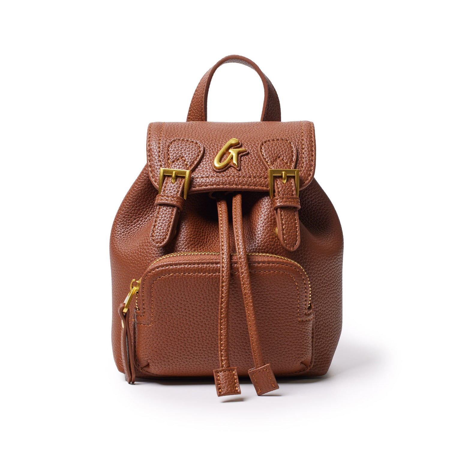 Brown mini pebble crossbody backpack with gold hardware, front zip pocket, adjustable straps, and a top handle.