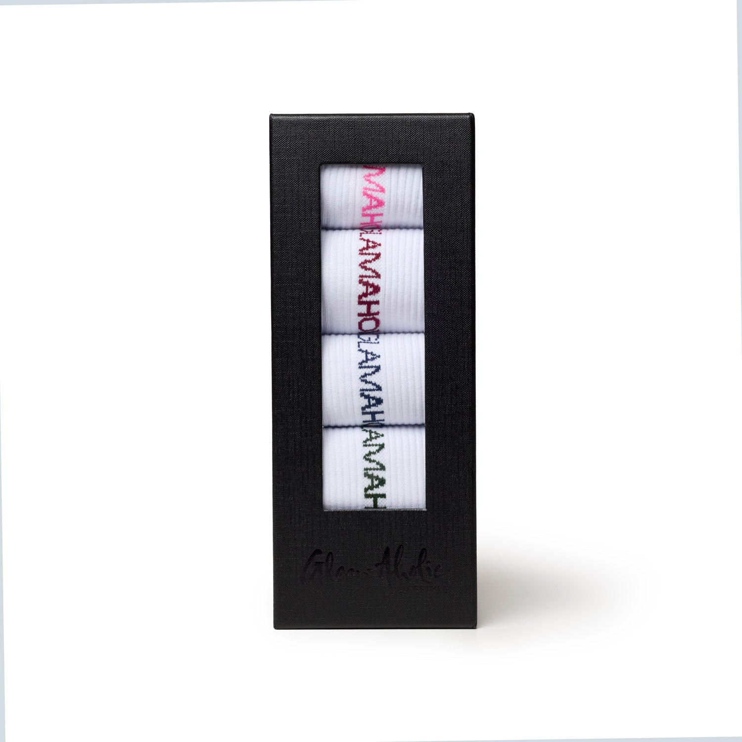 Dark multi athletic crew socks in a stylish box, featuring playful text in vibrant colors for a fun, sporty look.
