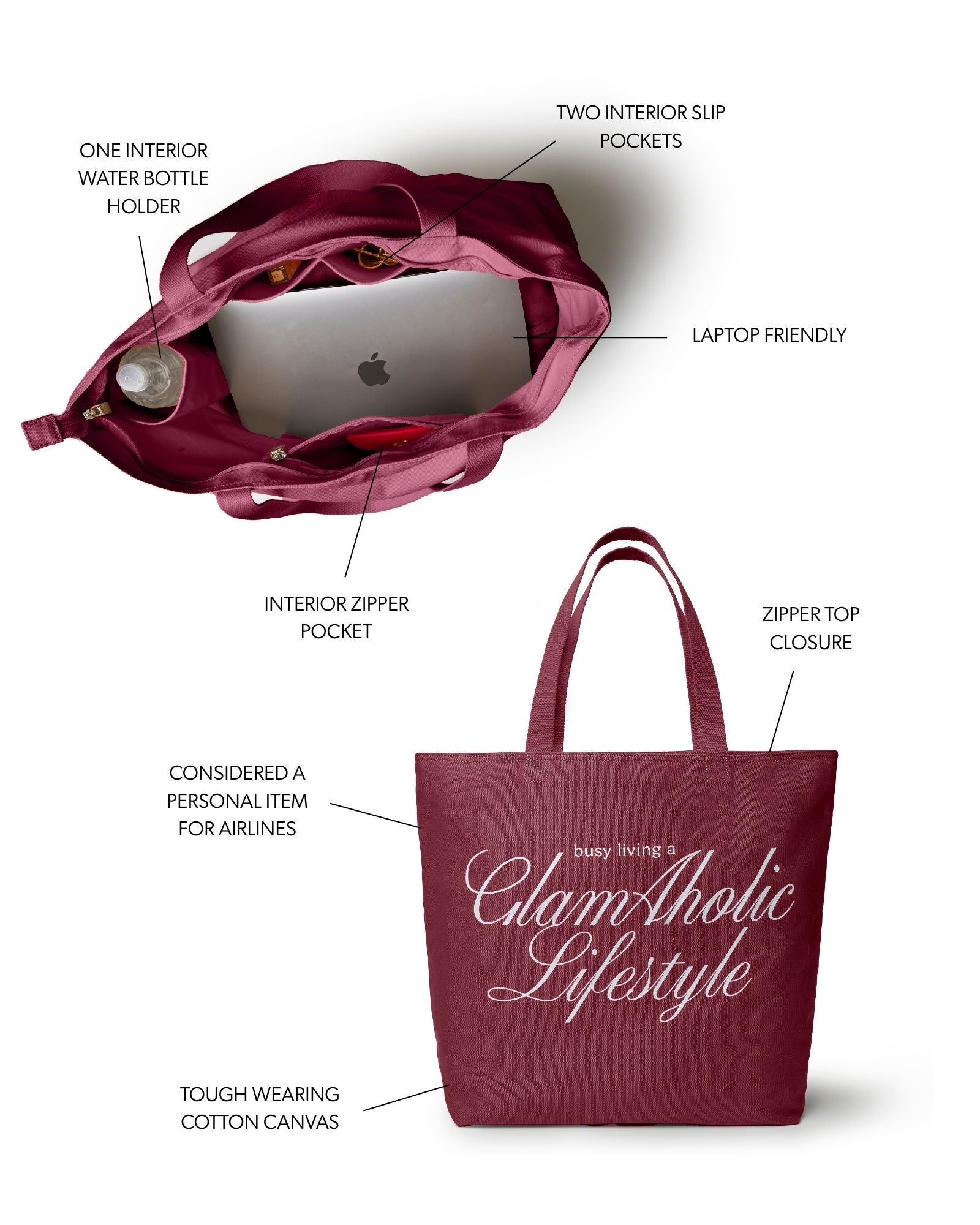 Burgundy canvas tote with laptop compartment, interior pockets, and zipper closure for stylish, practical use.