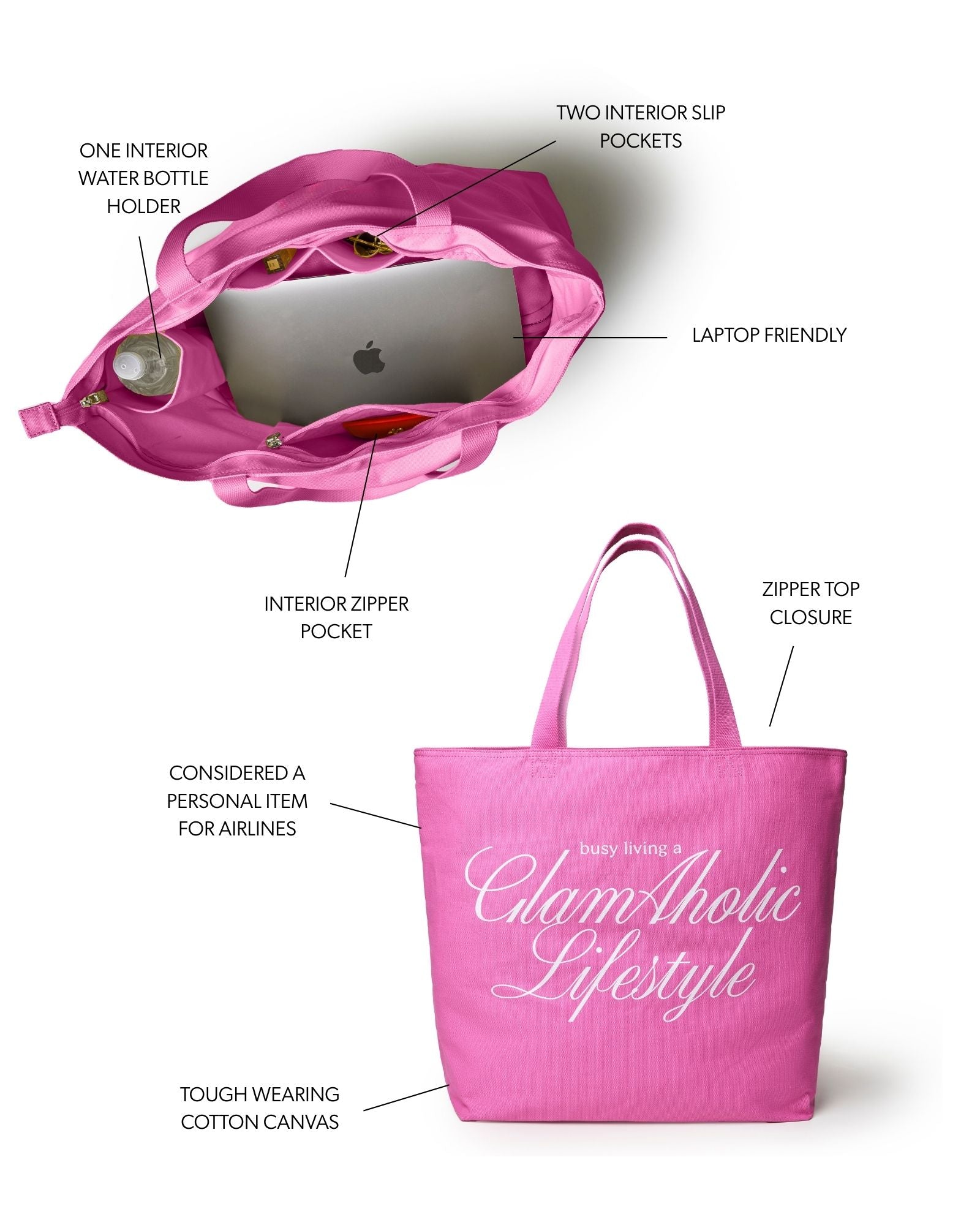 Hot pink canvas tote bag with interior pockets, zipper closure, and laptop-friendly design for stylish everyday use.