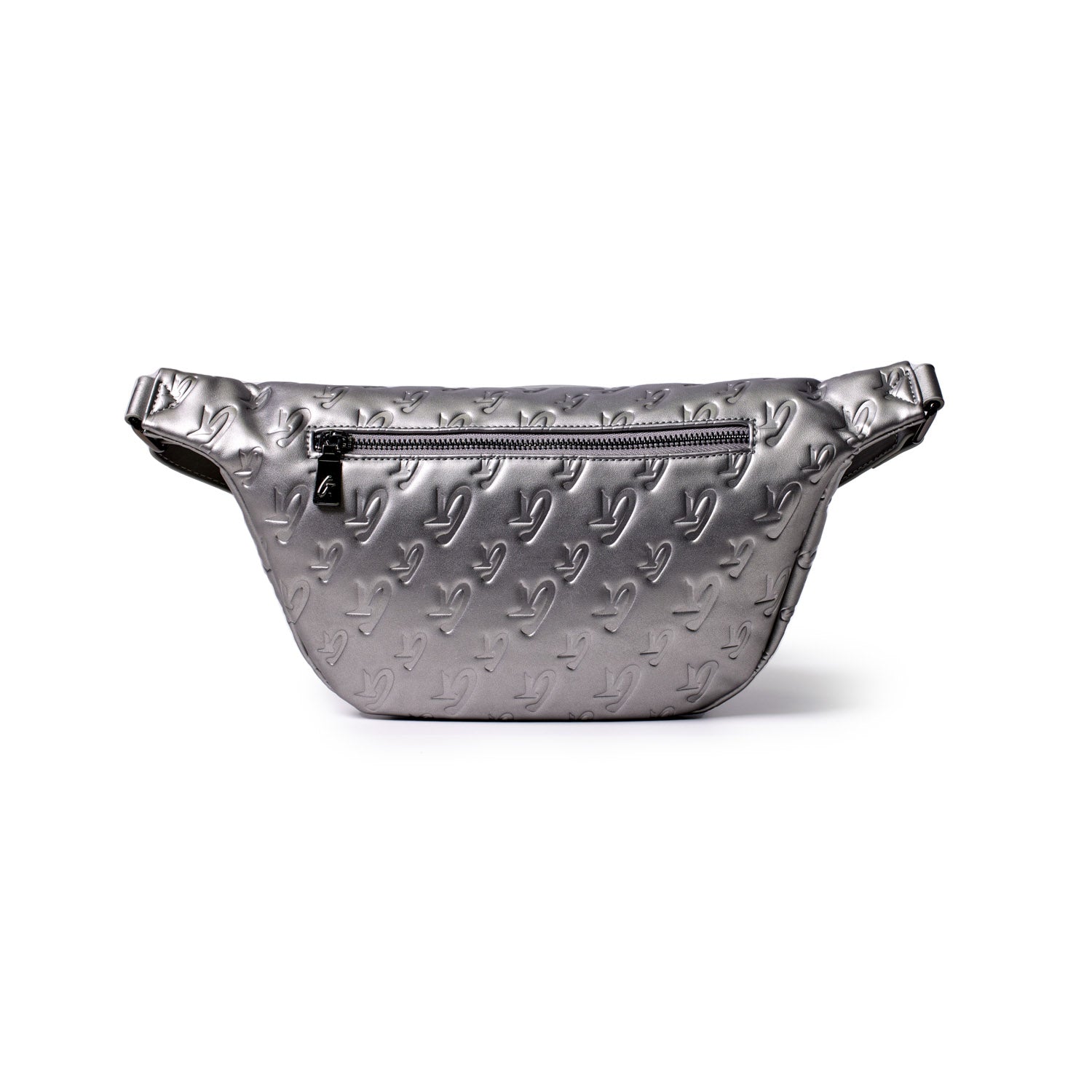 Silver monogram-patterned platinum fanny pack with a front zipper pocket, made of shiny material, designed for casual wear.