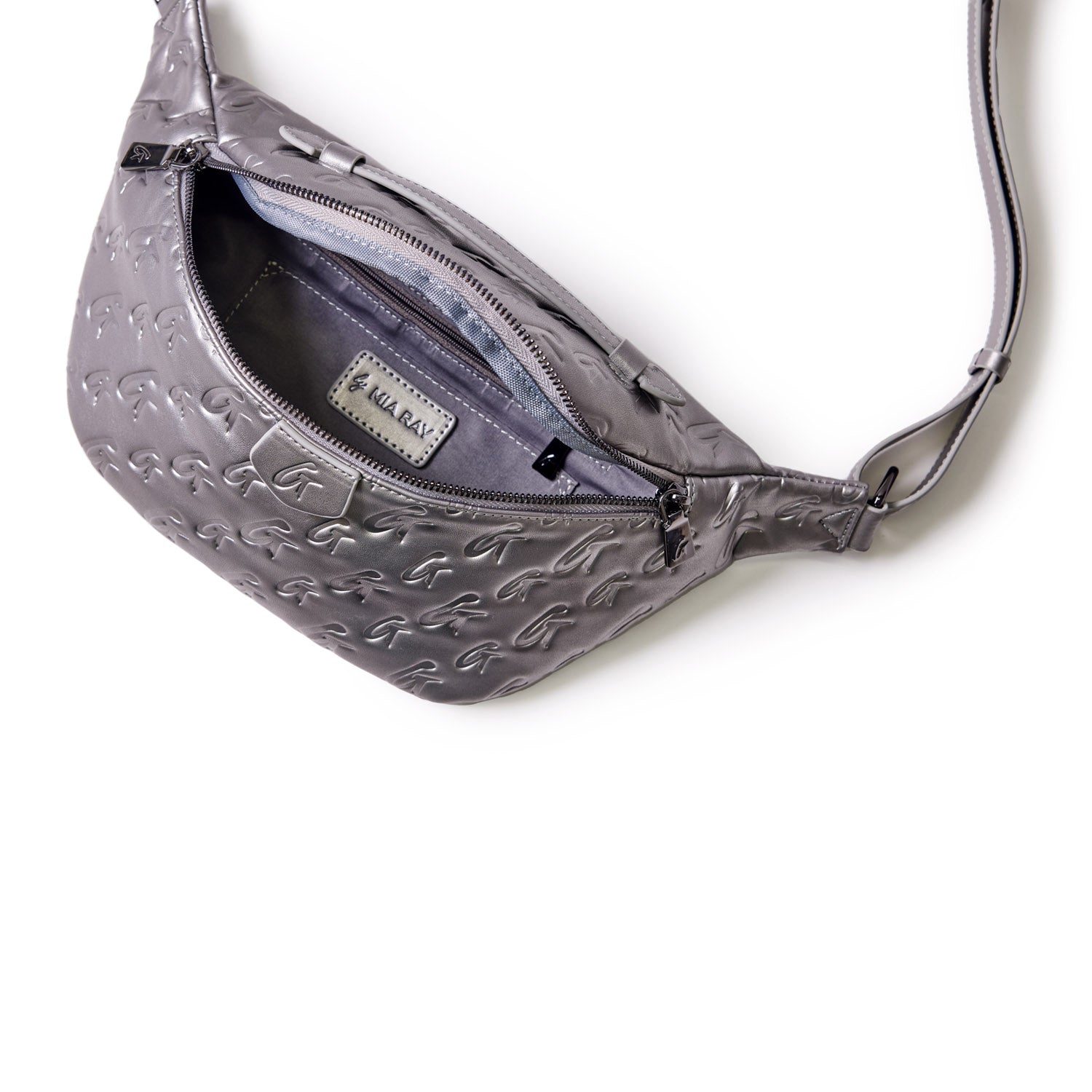 Monogram platinum fanny pack with embossed logo pattern, zippered main compartment, and adjustable strap.