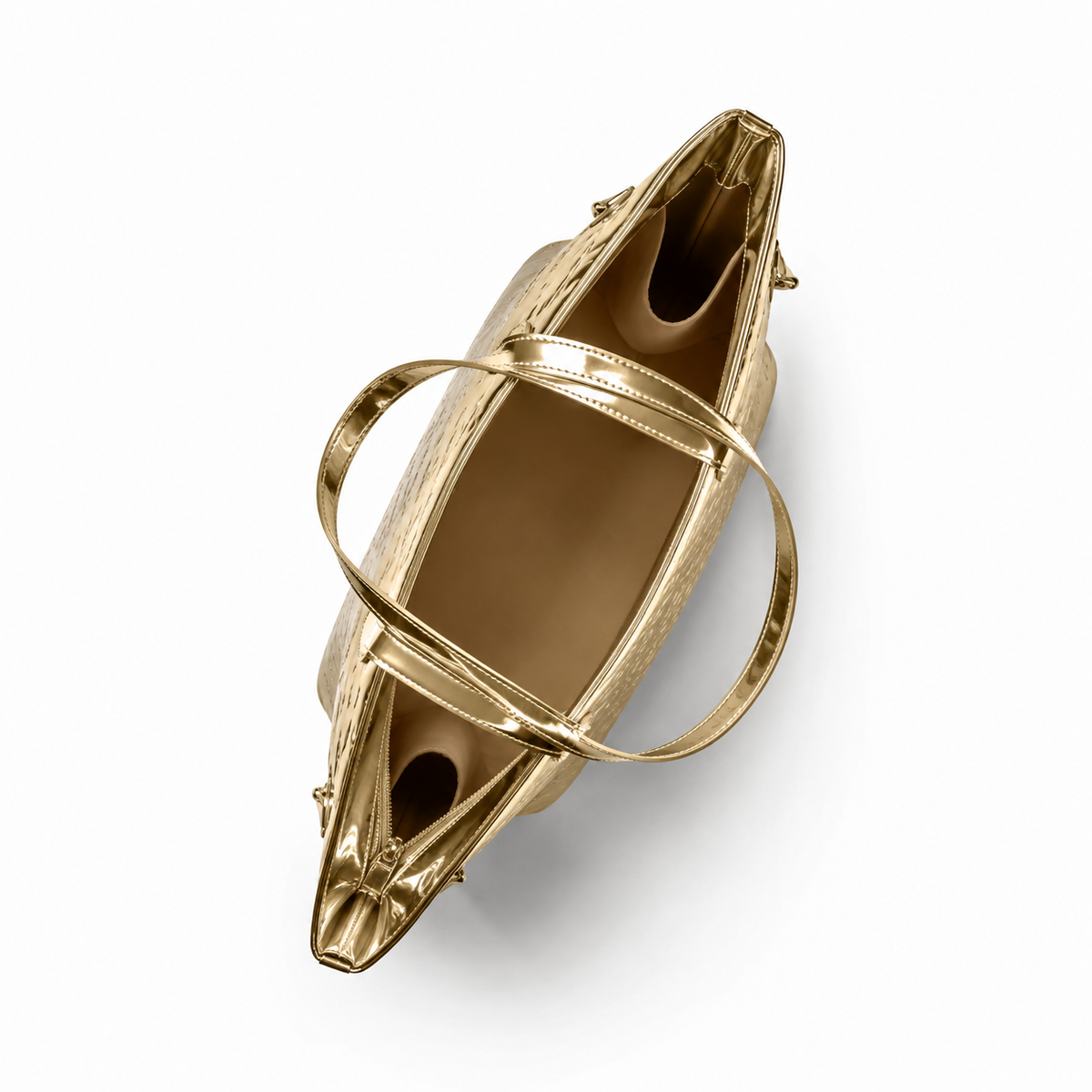 Metallic gold monogram travel set featuring a spacious interior and stylish handles for chic travel convenience.
