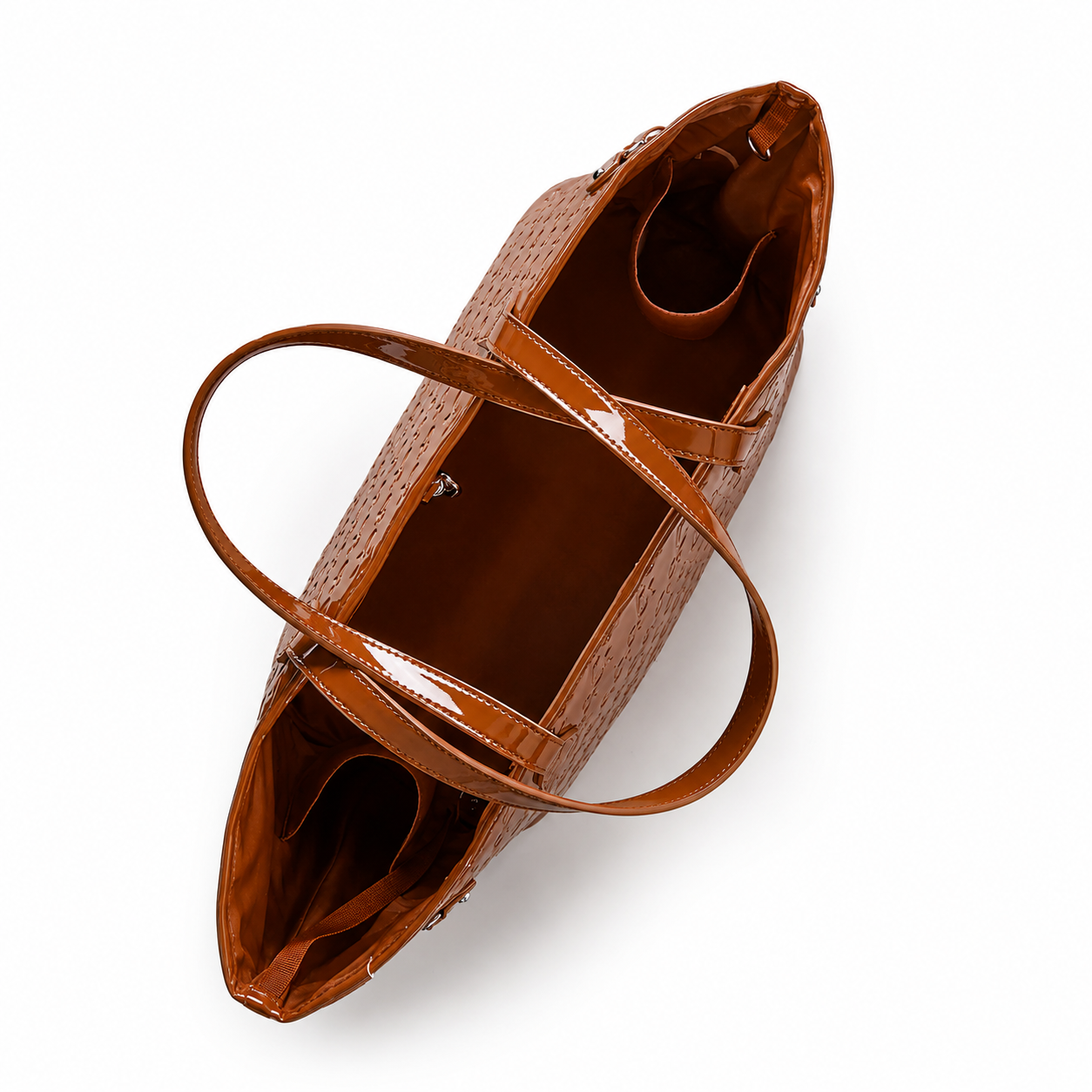 Monogram travel set in mirror brown featuring a spacious tote with stylish handles and a sleek interior design.