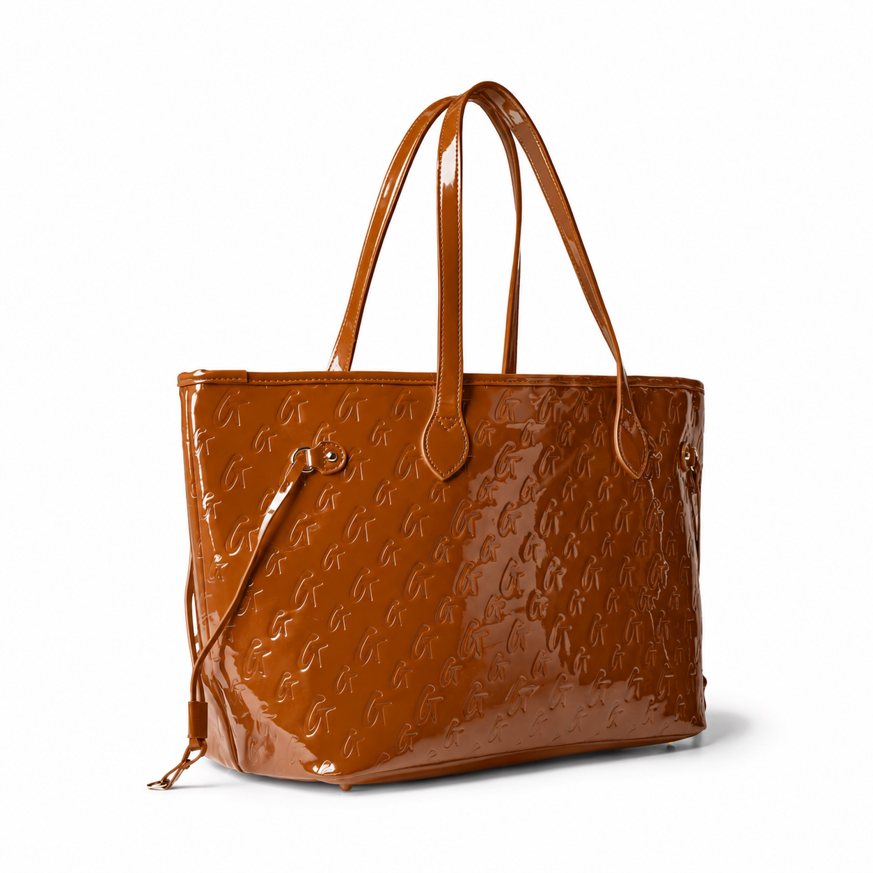 Monogram Glam Tote in mirror brown with a glossy finish and matching wristlet, perfect for stylish everyday use.