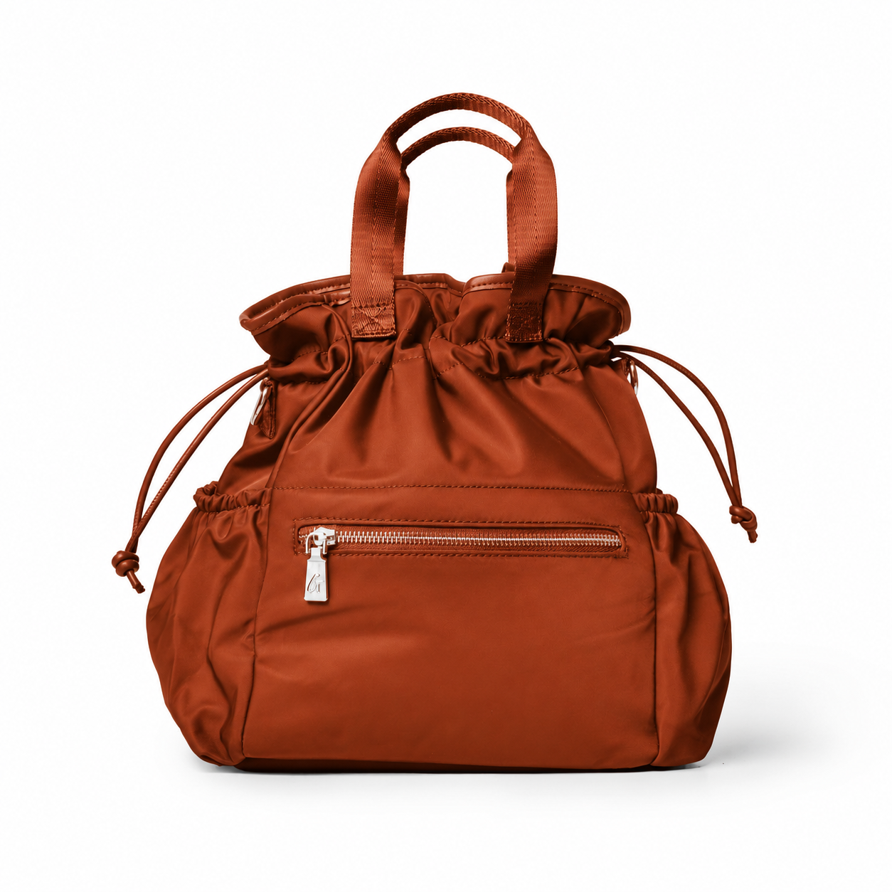 Brown nylon lunch bag with a cinched top, adjustable drawstrings, and a front zipper pocket for easy access.