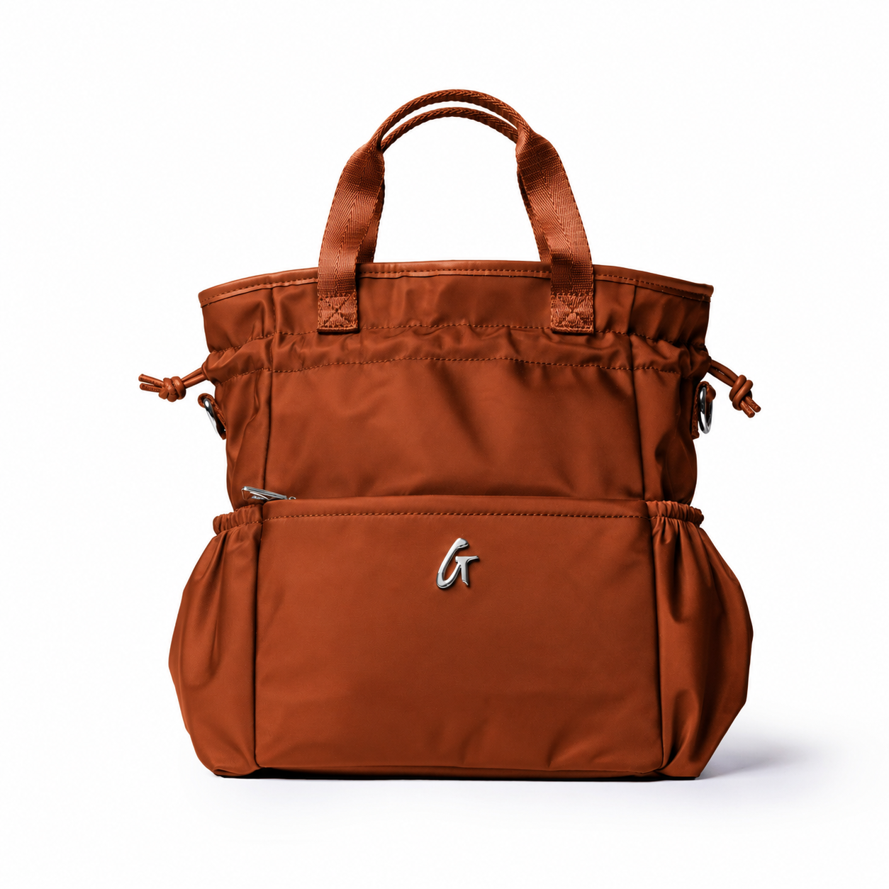 Brown nylon lunch bag featuring dual handles and an exterior pocket for convenient storage. Ideal for stylish meals on the go.