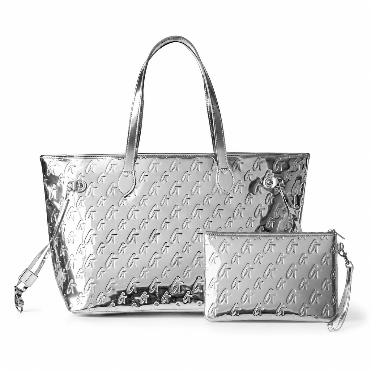 Metallic silver monogram travel set featuring a spacious tote and a matching pouch for stylish organization.