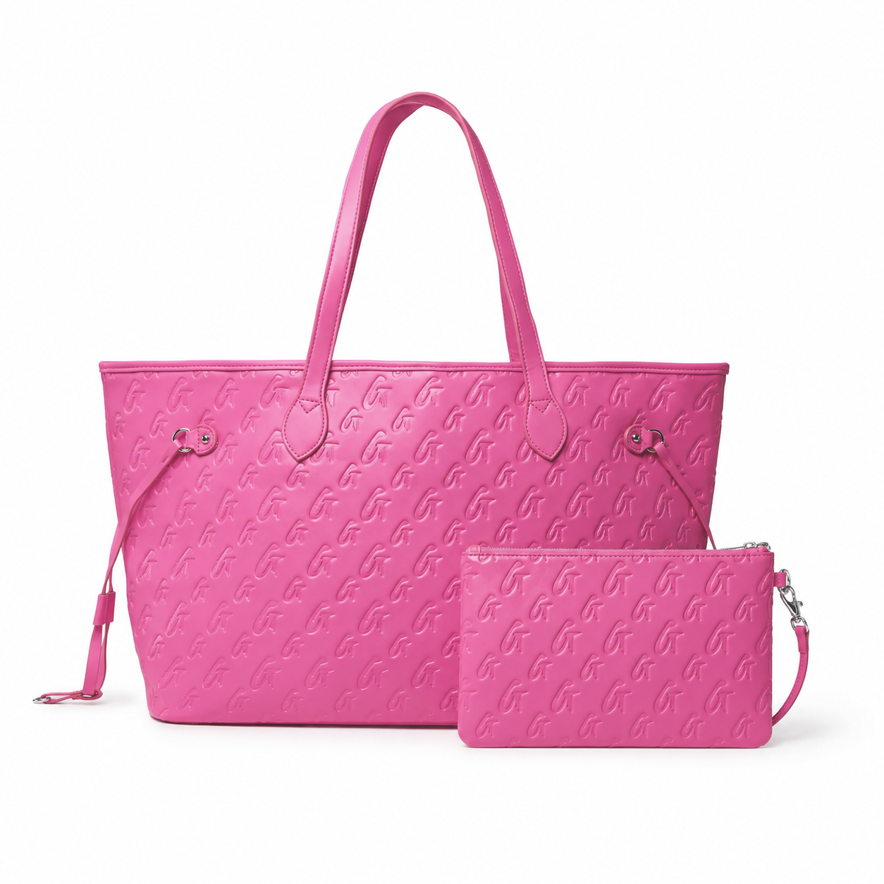 Hot pink monogram travel set featuring a spacious tote bag and a matching pouch, perfect for stylish travel.
