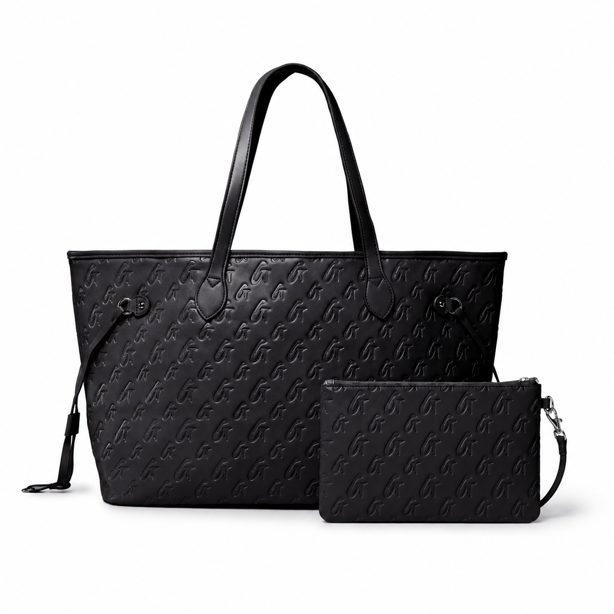 Stylish black monogram travel set featuring a spacious tote and a matching pouch, perfect for chic travel.