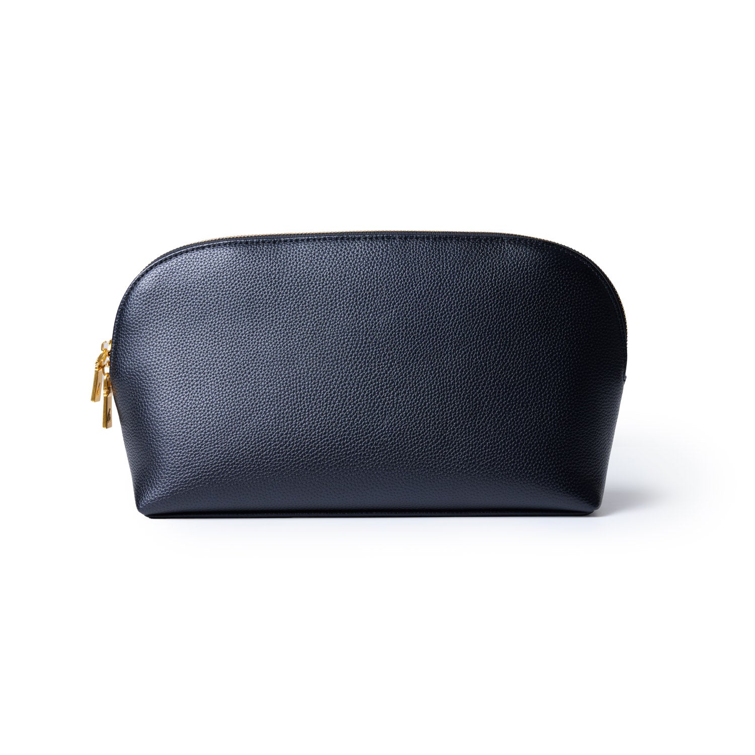 Black jumbo pebble-textured cosmetic pouch with gold zipper closure, spacious and stylish for makeup or accessories.