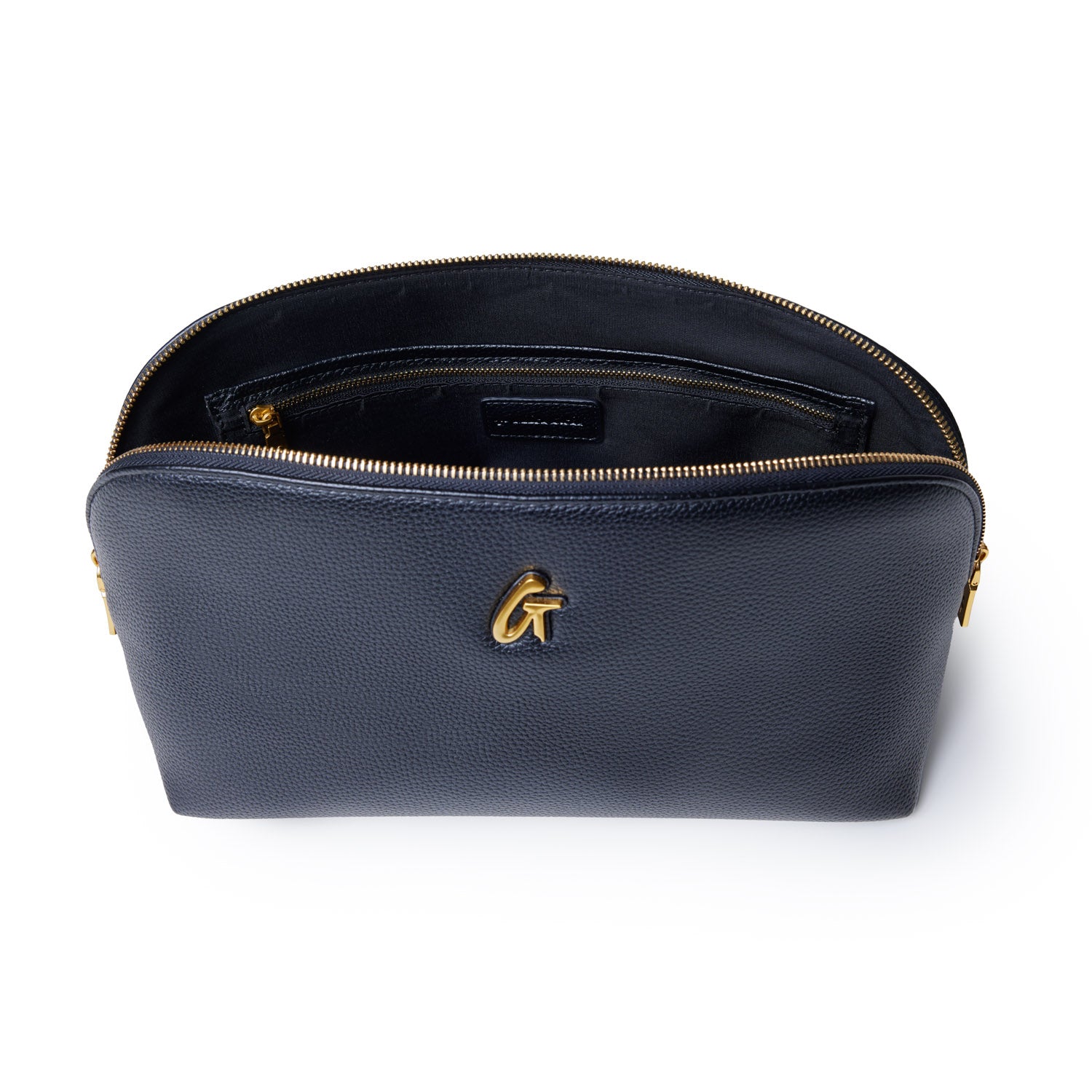 Black jumbo pebble cosmetic pouch with gold zipper and logo, open to show interior pocket and black lining.