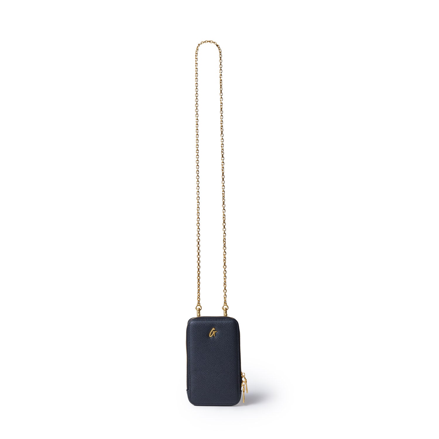 Black Pebble Phone Crossbody bag with a gold chain strap and small gold logo, compact and stylish for carrying essentials.