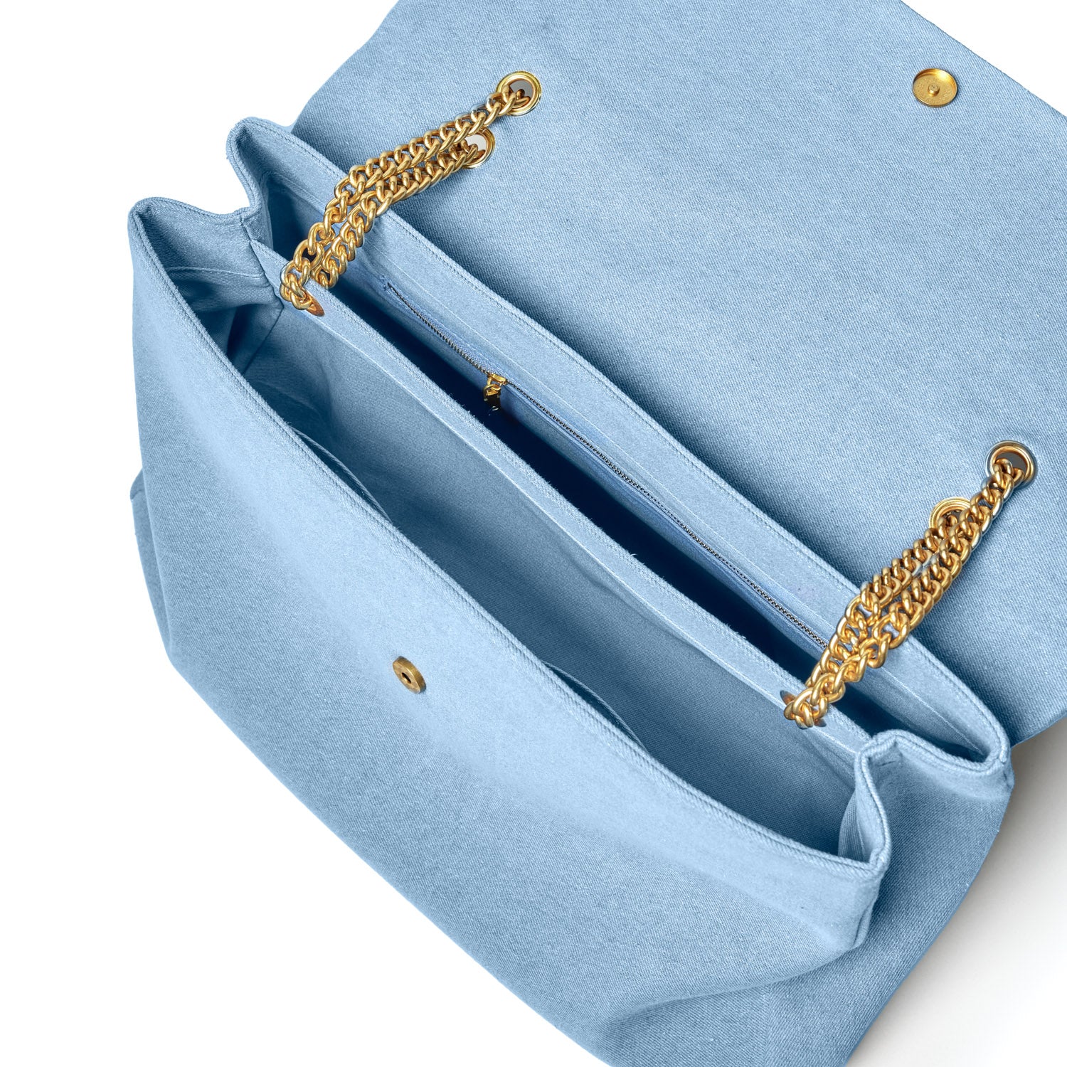 Light blue XL denim flap bag with gold chain straps and interior zip pocket, stylish and spacious accessory.