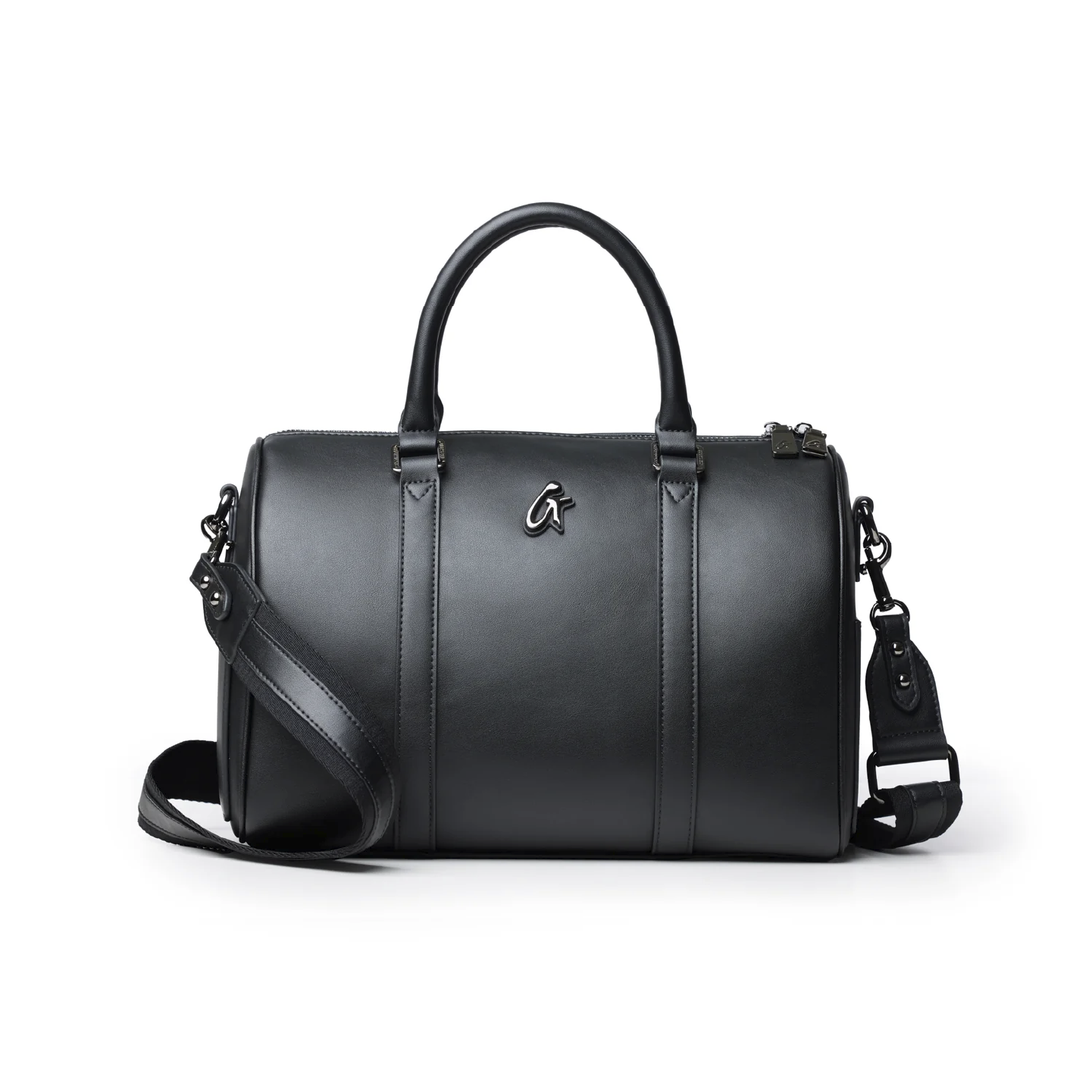 Large black Boston bag with a sleek design, featuring dual handles and a detachable shoulder strap.